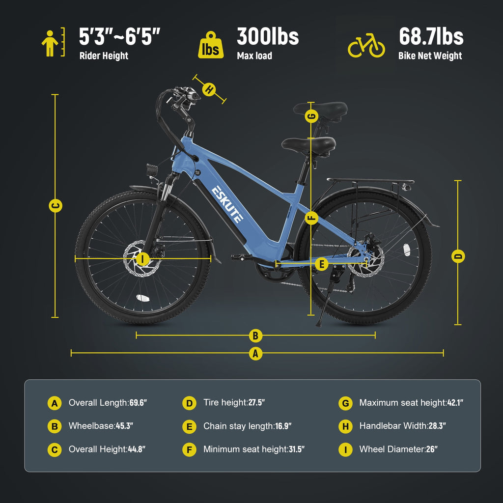 ESKUTE C200D 70-Mile Electric Bike for Adults, 840Wh Removable Battery, 1300W Peak Motor, Up to 28MPH, 26 Tires, 7-Speed Step-Over E-Bike White, UL2849