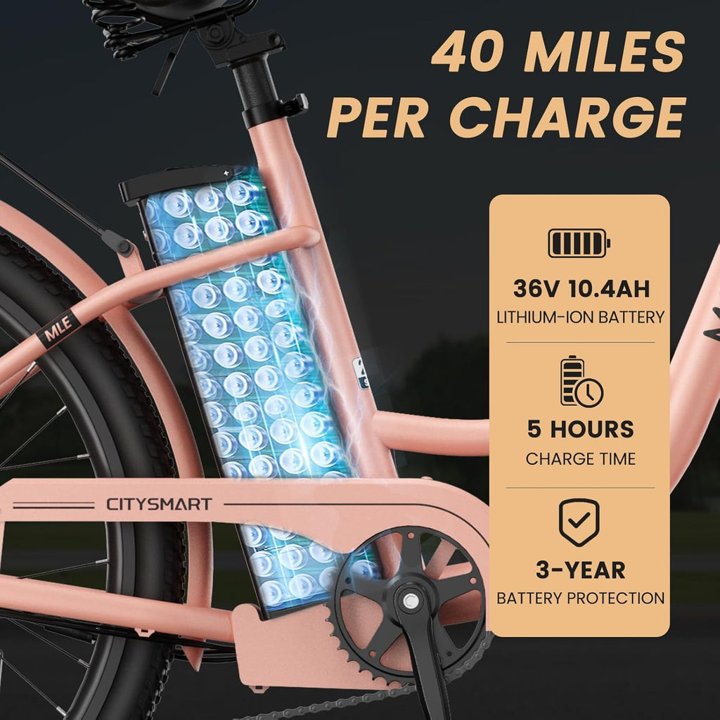 MOONCOOL Electric Bicycle for Adults 350W , 7-Speed Ebike with 36V 10.4Ah Removable Battery， 40 Miles Range , 20 mph Electric Commuter Bike for Women Men