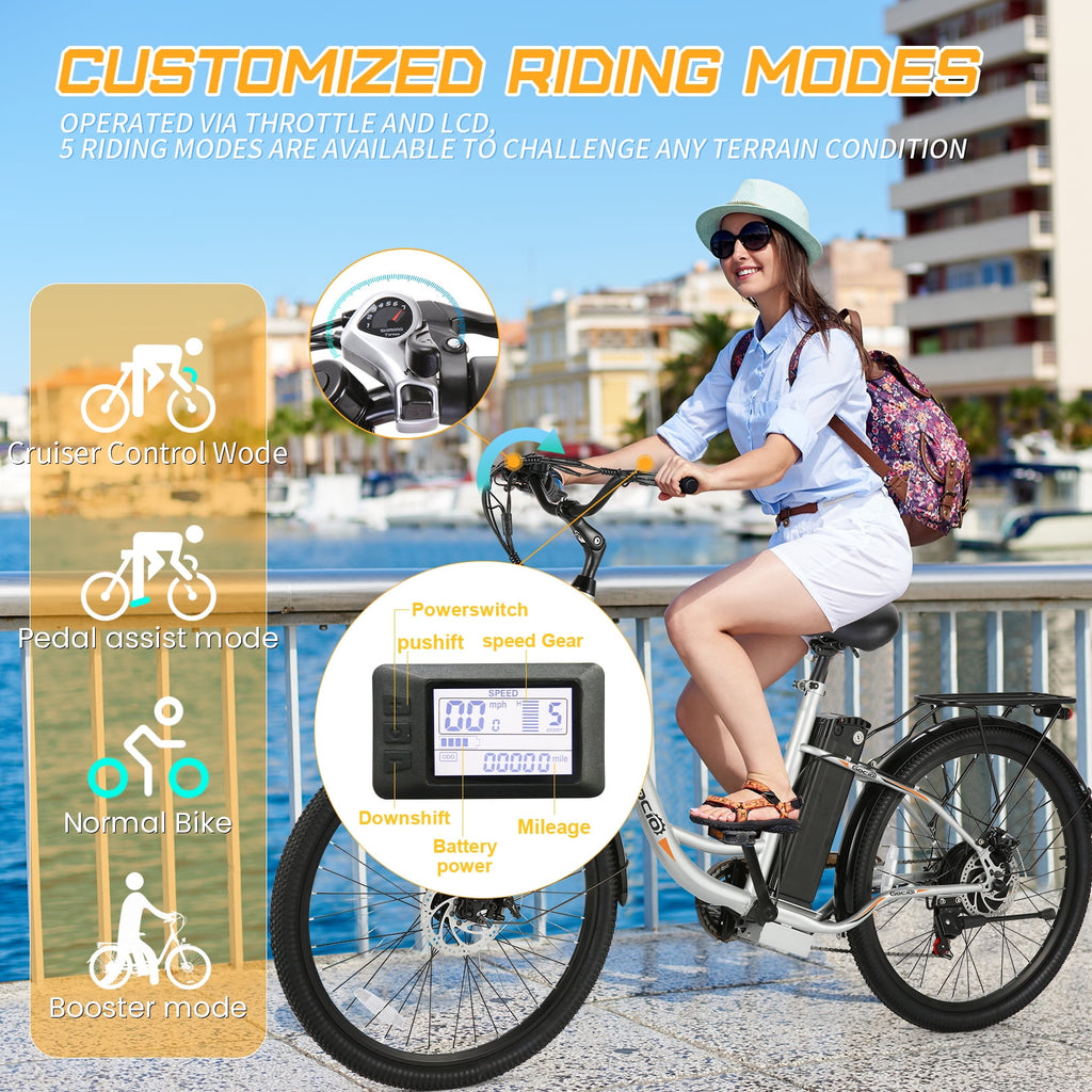 Gocio 26 Electric Bike for Adults, 500W Motor, City Commuter E-Bike, 48V 7.8Ah Removable Battery, Max 19.8Mph, 7 Speed, UL2849