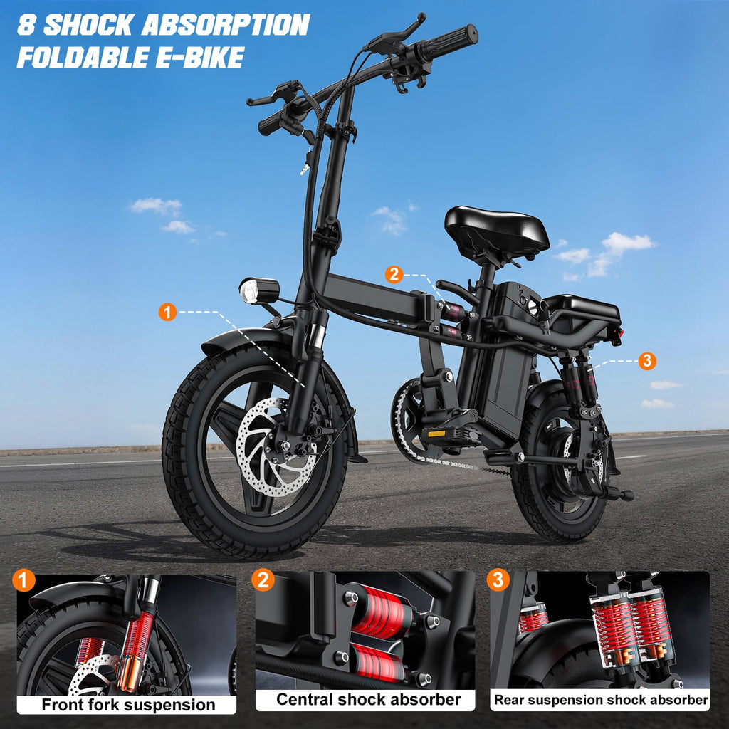 14 Inch Folding Electric Bicycle, 400W Adult Electric Bicycle, 48V 10.4Ah,Top Speed 19.9 Mph, Dual Disc Brake Safety System, 3-Speed Riding, Front Fork With Shock Absorption, Black