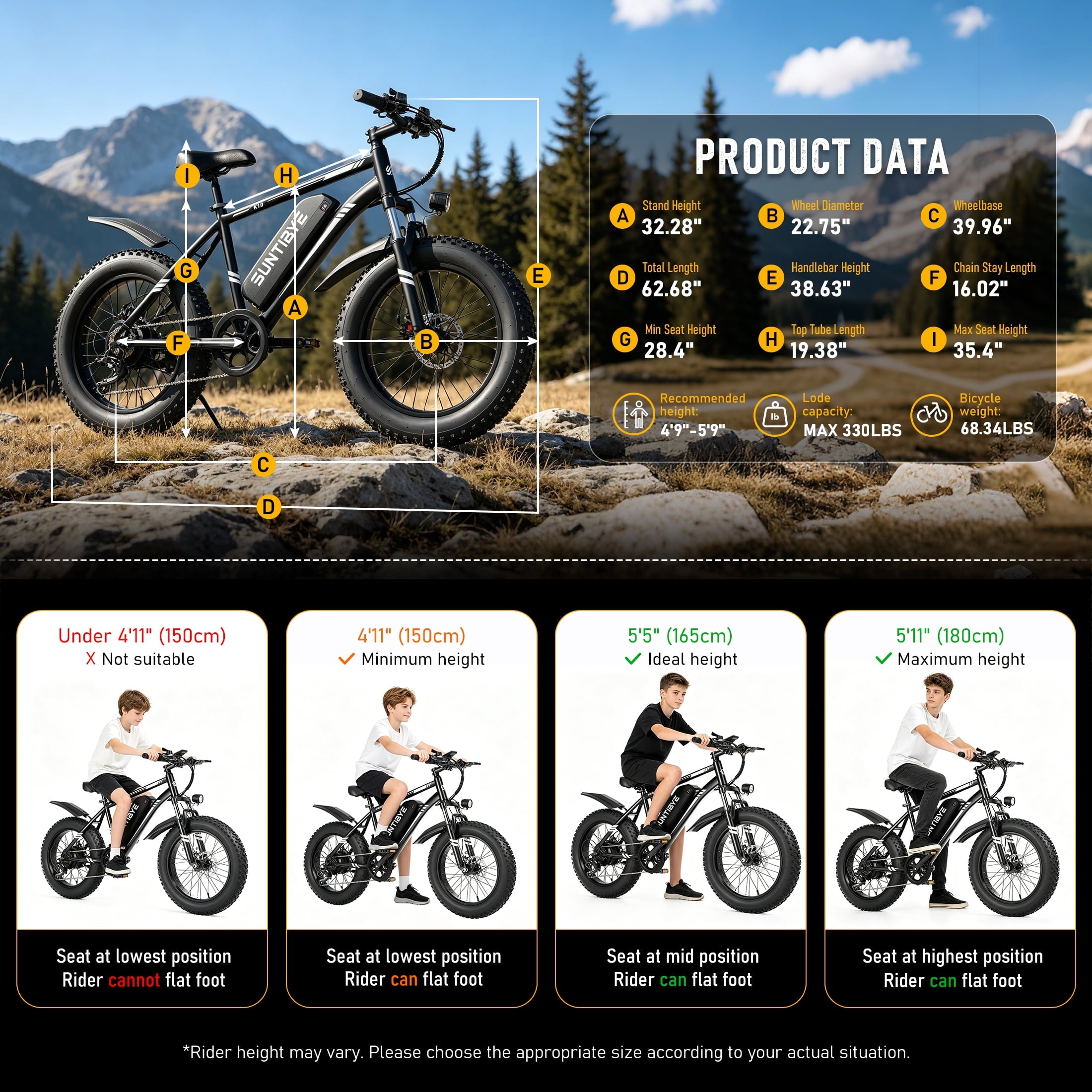SUNTIBYE K10 Electric Bike 1000W, 48V 15Ah, 20 Fat Tire Ebike, 28MPH, E-Mountain Bike UL2849,Black