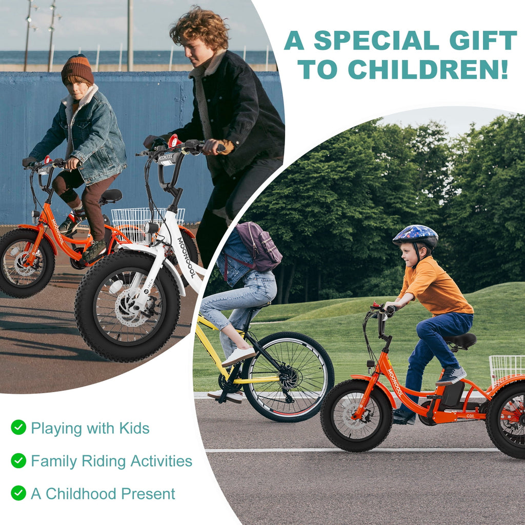 MOONCOOL Electric Tricycle for Kids ,16x3 3 Wheel 250W 10.4Ah Etrike W/ LED headlight & Rear Basket & horn bell & DIY stickers，6/9/12.5 MPH