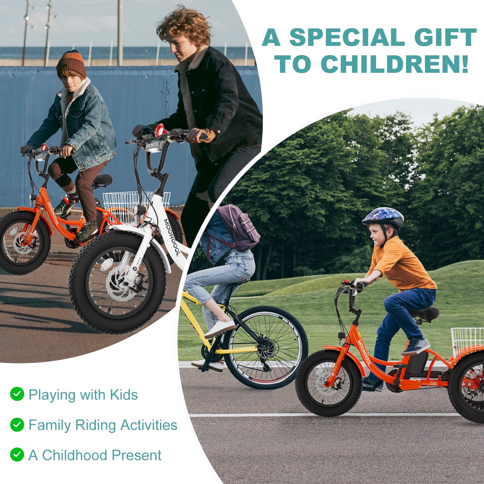 MOONCOOL Electric Tricycle for Kids ,16x3 3 Wheel 250W 10.4Ah Etrike W/ LED headlight & Rear Basket & horn bell & DIY stickers，6/9/12.5 MPH