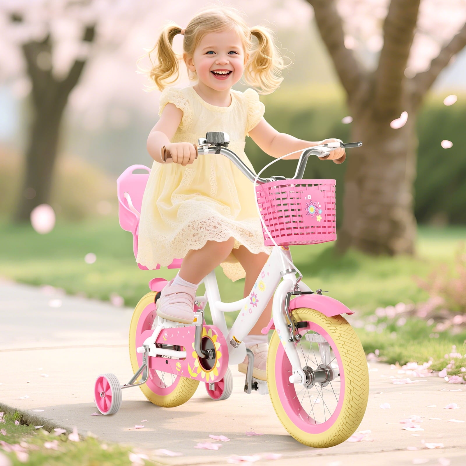 XJD 12 inch Kids Girls Bike for Ages 2-4 Years Child With Training Wheel 12 Children Bicycle With Handbrake Basket Toddler Cycle Bikes Pink