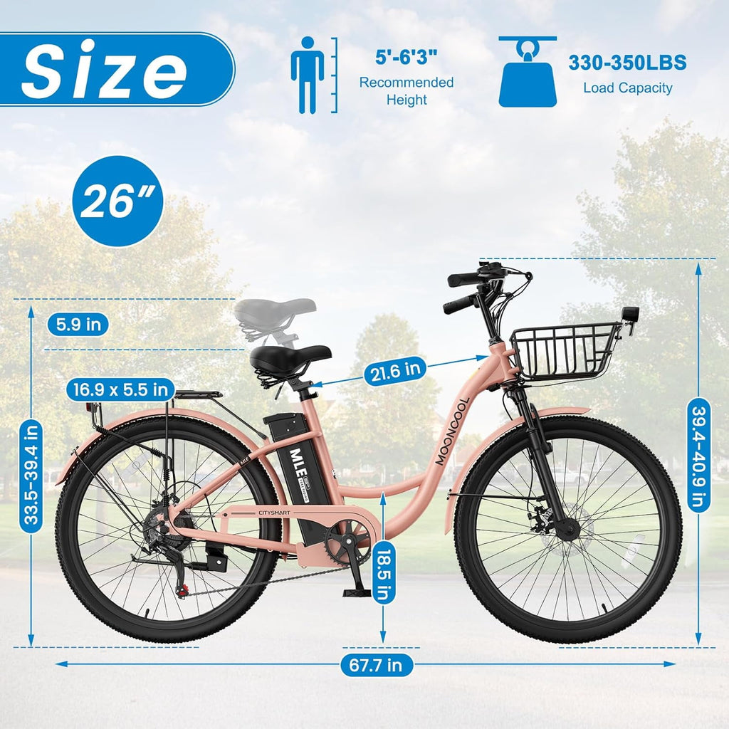 MOONCOOL Electric Bicycle for Adults 350W , 7-Speed Ebike with 36V 10.4Ah Removable Battery， 40 Miles Range , 20 mph Electric Commuter Bike for Women Men