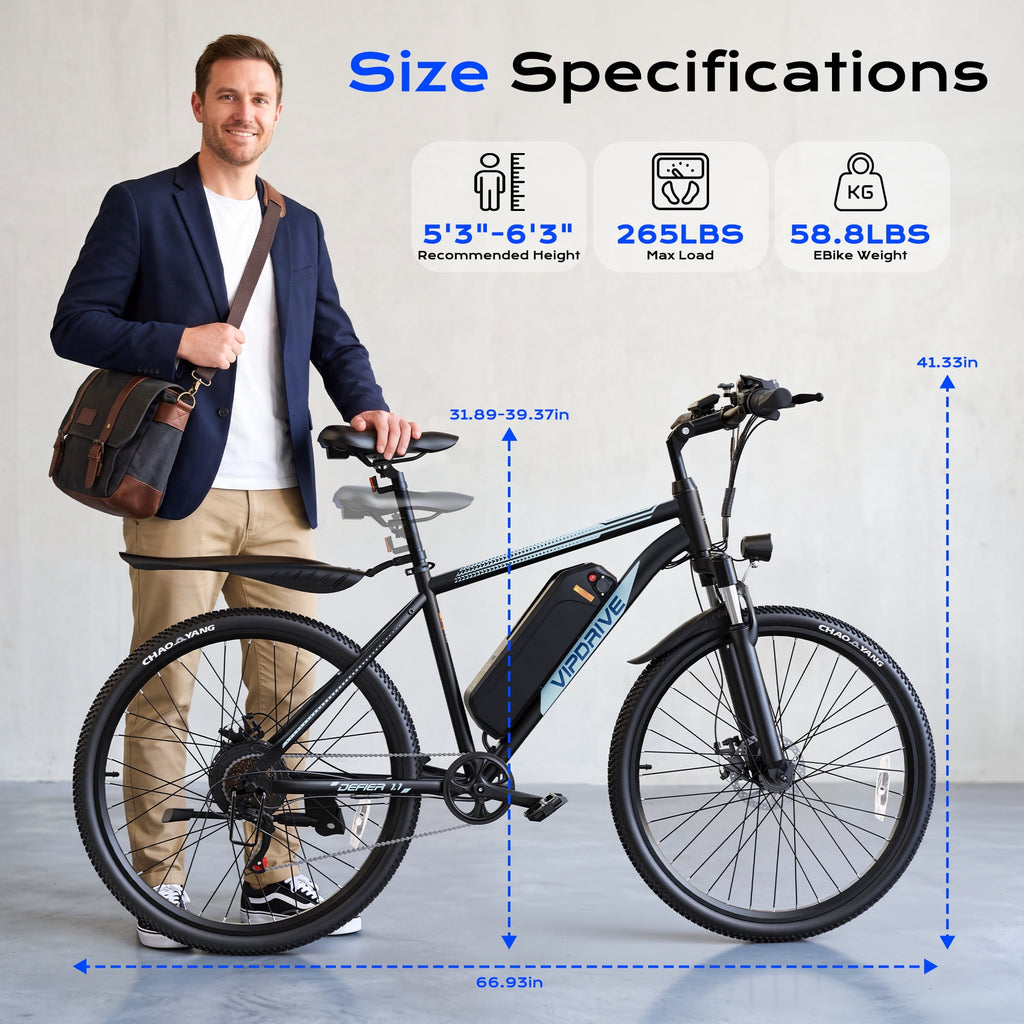 VIPDRIVE Electric Bike for Adults, 26'' 750W Peak Ebike, 48V 7.8AH Removable Battery，Up to 40 Miles 20MPH Electric Mountain Bike，Front Fork Suspension，UL2849