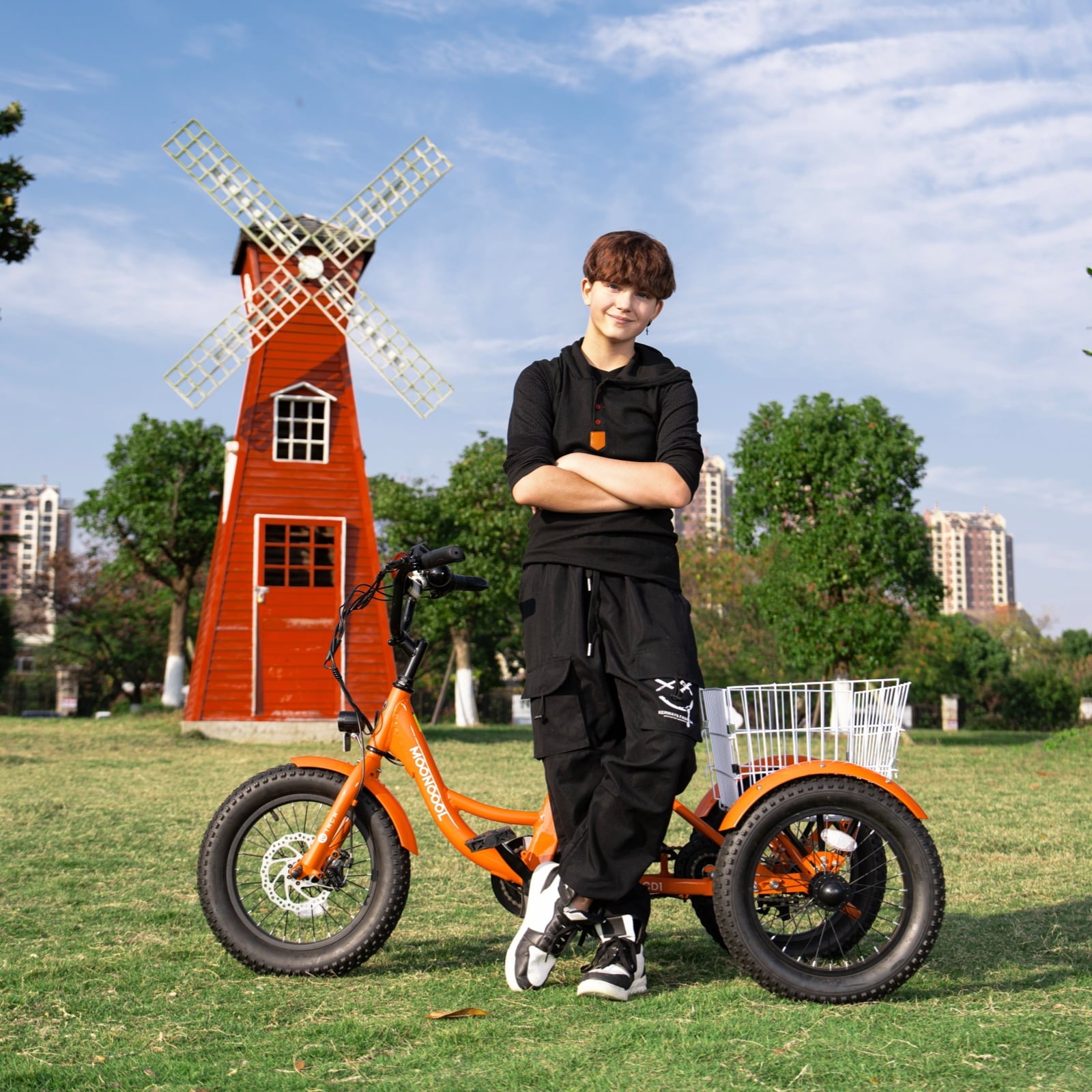 MOONCOOL Electric Tricycle for Kids ,16x3 3 Wheel 250W 10.4Ah Etrike W/ LED headlight & Rear Basket & horn bell & DIY stickers，6/9/12.5 MPH