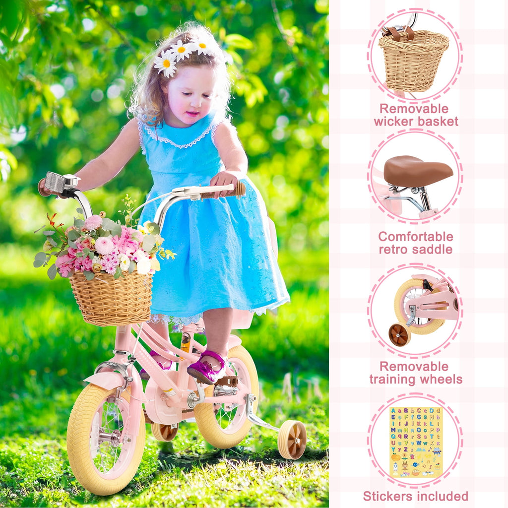 KORIMEFA Girl Bike for Toddlers and Kids Ages 3-6 Years Old, 12 inch Kids Bike with Training Wheels & Basket, 12 in Girl Bicycle with Handbrake & Kickstand