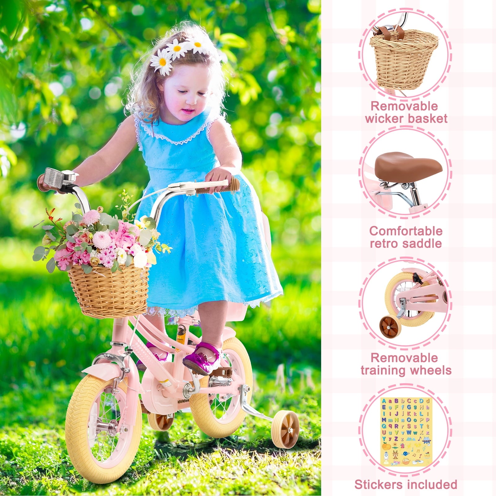 KORIMEFA Girl Bike for Toddlers and Kids Ages 3-6 Years Old, 12 inch Kids Bike with Training Wheels & Basket, 12 in Girl Bicycle with Handbrake & Kickstand