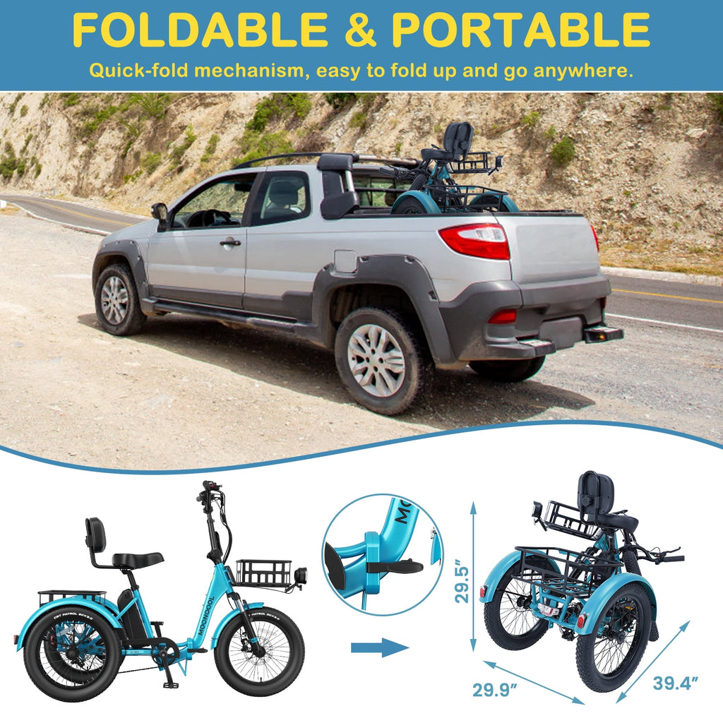 MOONCOOL TK Pro Foldable Electric Tricycle W/ Rearview mirror accessory Kit, 1500W Motor 48V 20Ah Battery, 20 Fat Tire Three Wheel 6-Speed Electric Mountain Bicycle for Adults