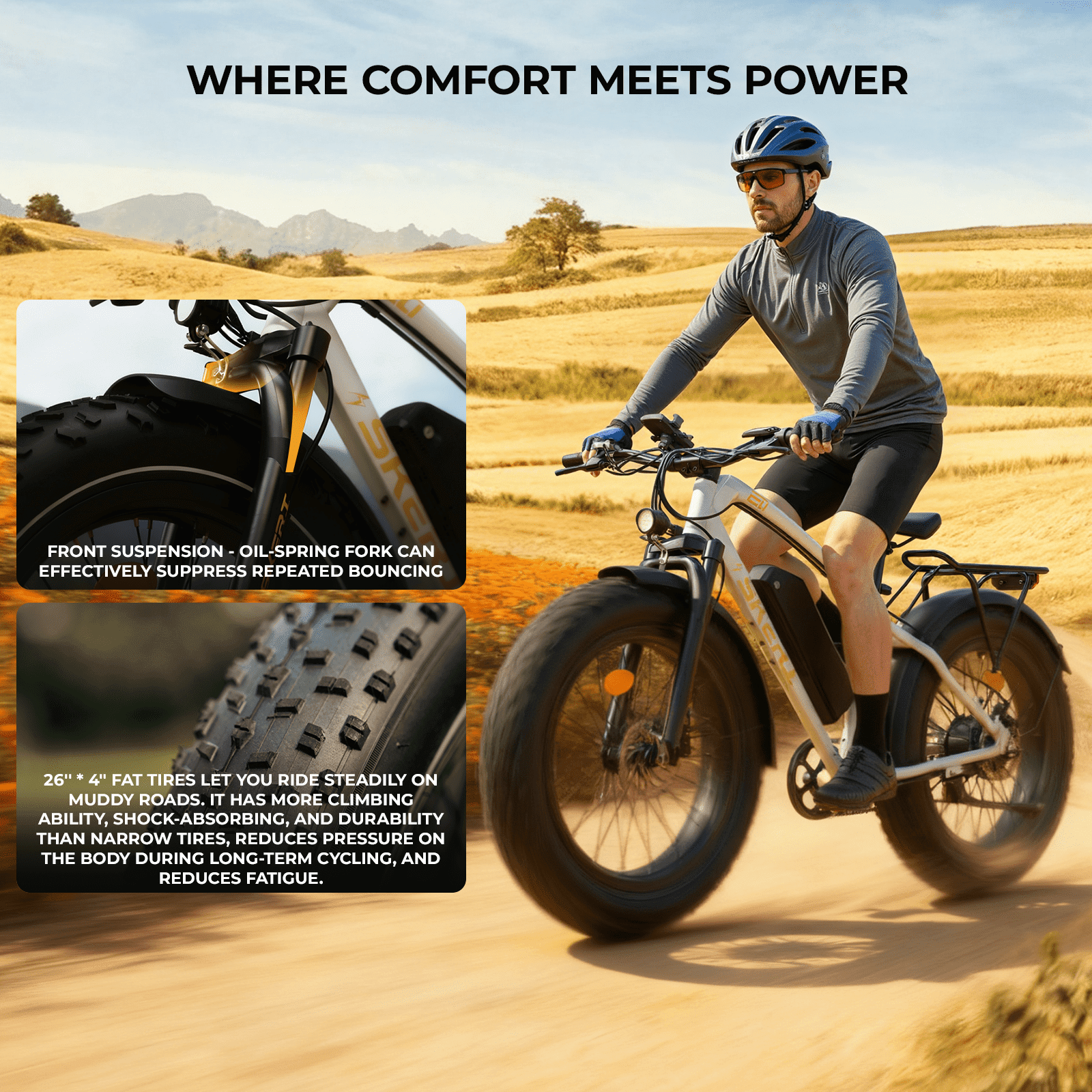 Skeri Electric Bike, 26x4.0 Fat Tire E Bike, 500W (Peak 1000) Motor, 48V 15.6Ah Removable Electric Bike for Adults, 60 Miles & 25 mph, Electric Bicycle with 7 Speed and Front Suspension