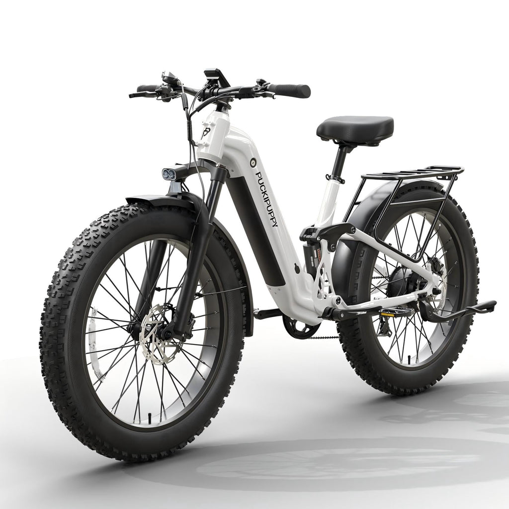 PUCKIPUPPY 26 Electric Bikes for Adults 960W Peak Step Through E-Bikes up to 80Miles Range 48V 20AH Battery Full Suspension Ebike 28 mph Max Speed Fat Tire E-Mountain Bike 7 Speed, UL2849 by SGS
