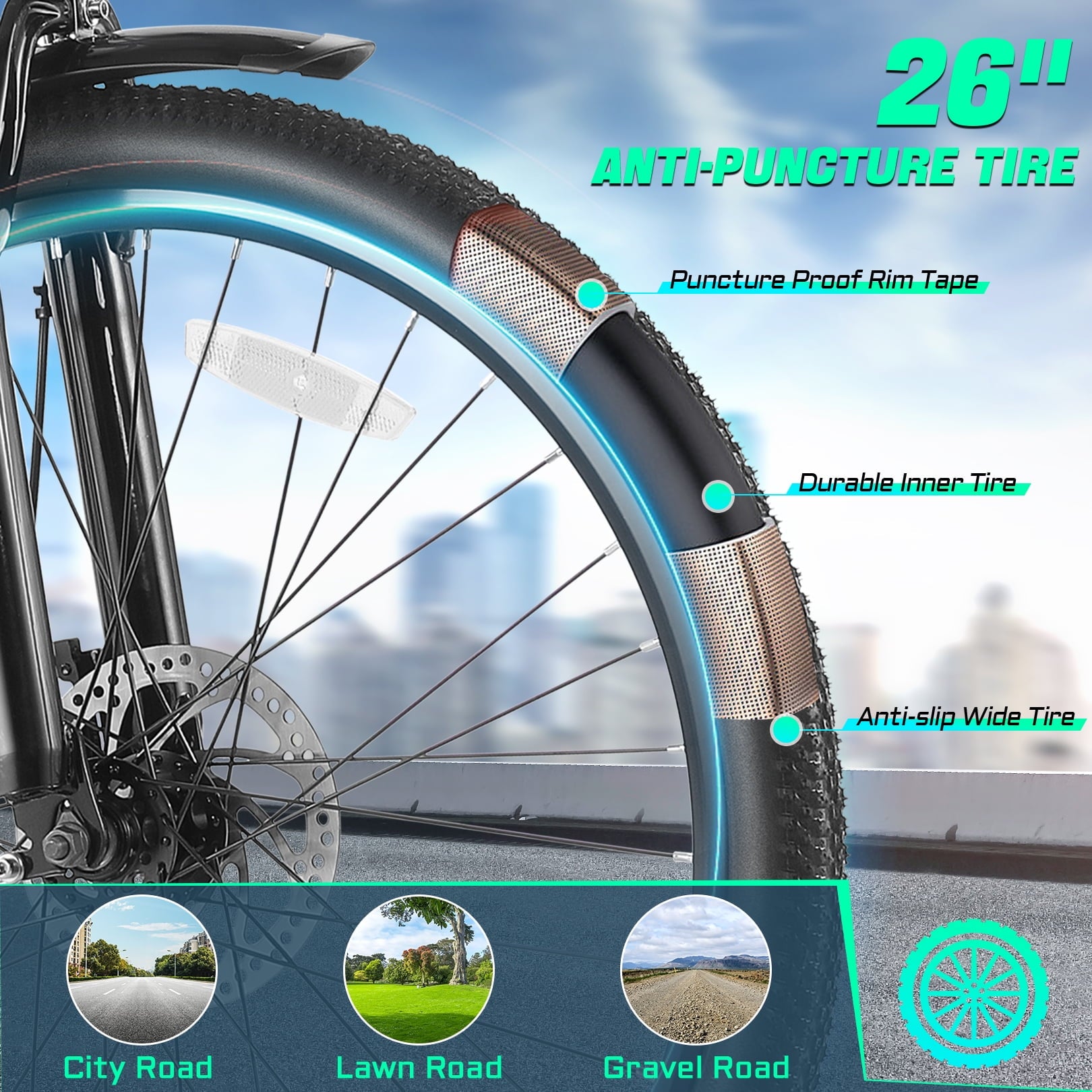 Gocio UL2849 Certified 26 Electric Bike for Adults, 750W Peak Motor, 48V 7.8Ah Battery, 19.8 mph 7-Speed Commuter Ebike with Disc Brakes