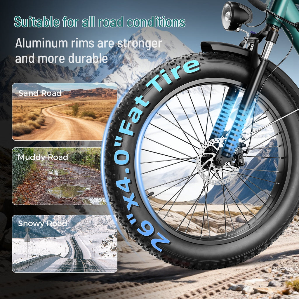 YareYi Electric Bike for Adults 26, 2000W Peak E-Mountain Bicycle, 28MPH Fat Tire Ebike, 48V 15Ah Removable Battery, 7 Speed and Front Suspension with Rear Rack UL2849