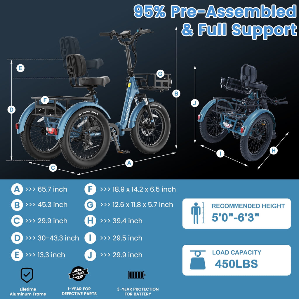 MOONCOOL TK Pro Foldable Electric Tricycle W/ Rearview mirror accessory Kit, 1500W Motor 48V 20Ah Battery, 20 Fat Tire Three Wheel 6-Speed Electric Mountain Bicycle for Adults