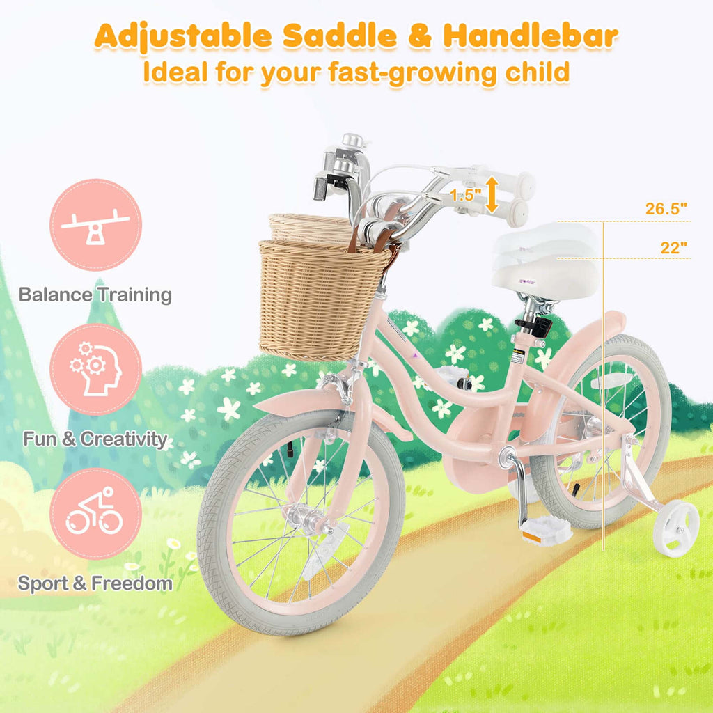 Costway 16 Kid’s Bike with Training Wheels Adjustable Handlebar Seat Handbrake Pink