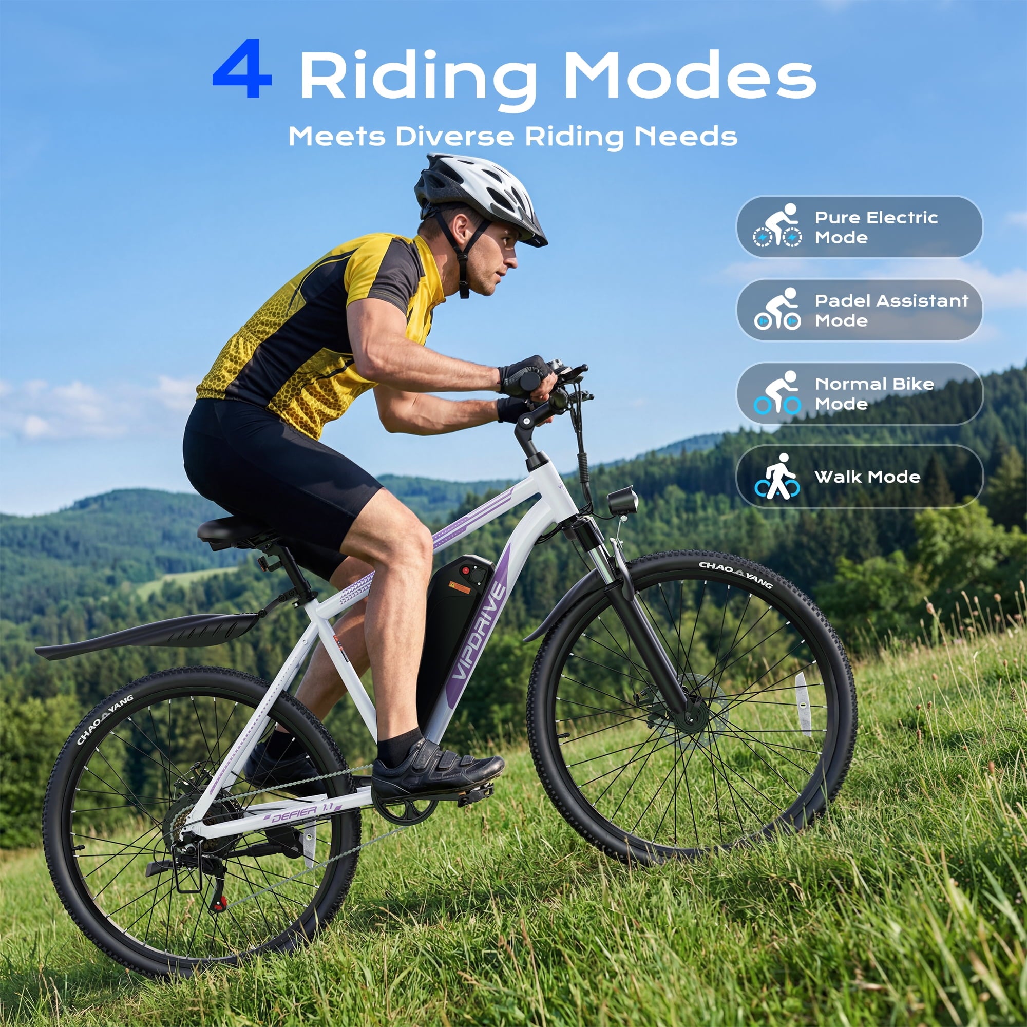 VIPDRIVE Electric Bike for Adults, 26'' 750W Peak Ebike, 48V 7.8AH Removable Battery，Up to 40 Miles 20MPH Electric Mountain Bike，Front Fork Suspension，UL2849