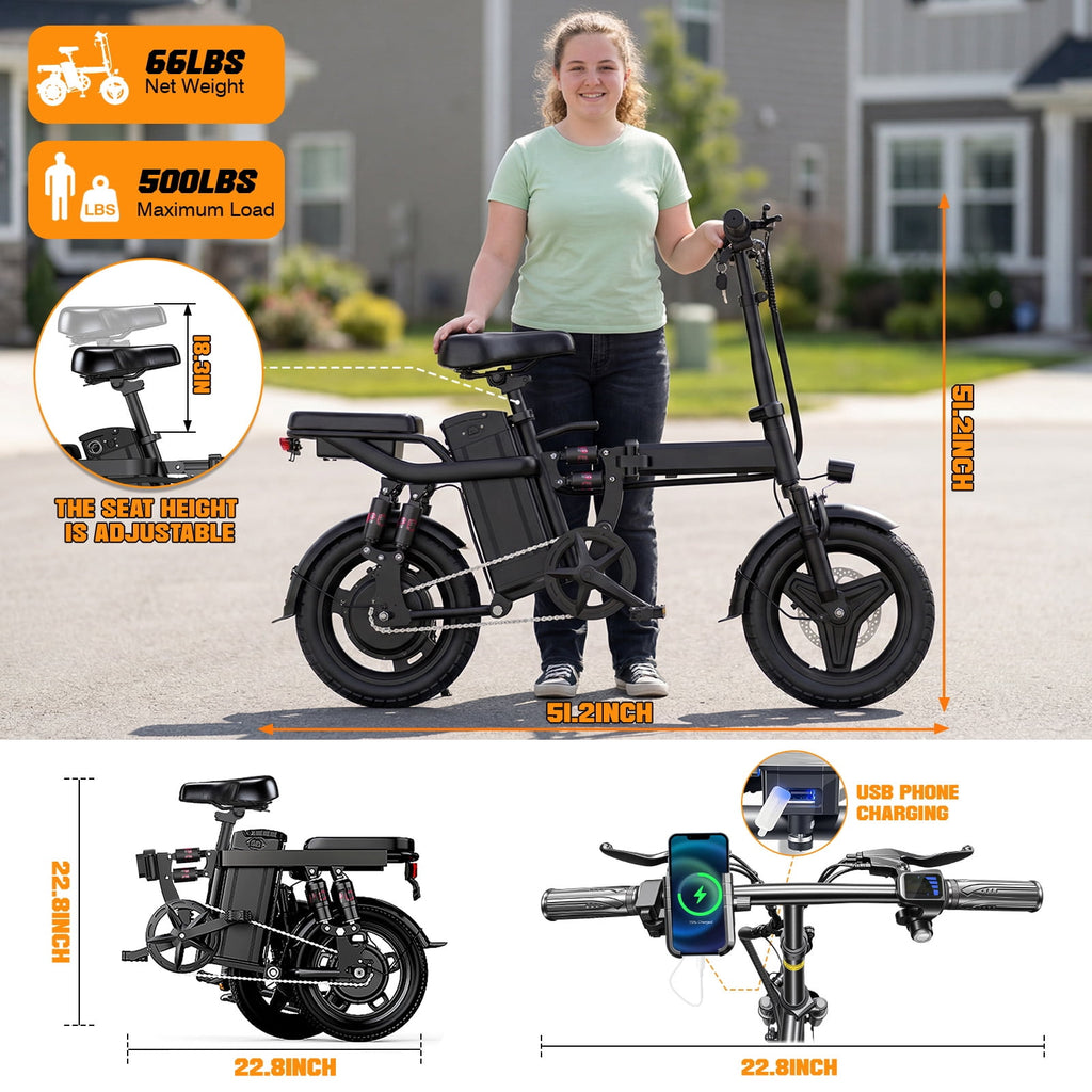 14 Inch Folding Electric Bicycle, 400W Adult Electric Bicycle, 48V 10.4Ah,Top Speed 19.9 Mph, Dual Disc Brake Safety System, 3-Speed Riding, Front Fork With Shock Absorption, Black