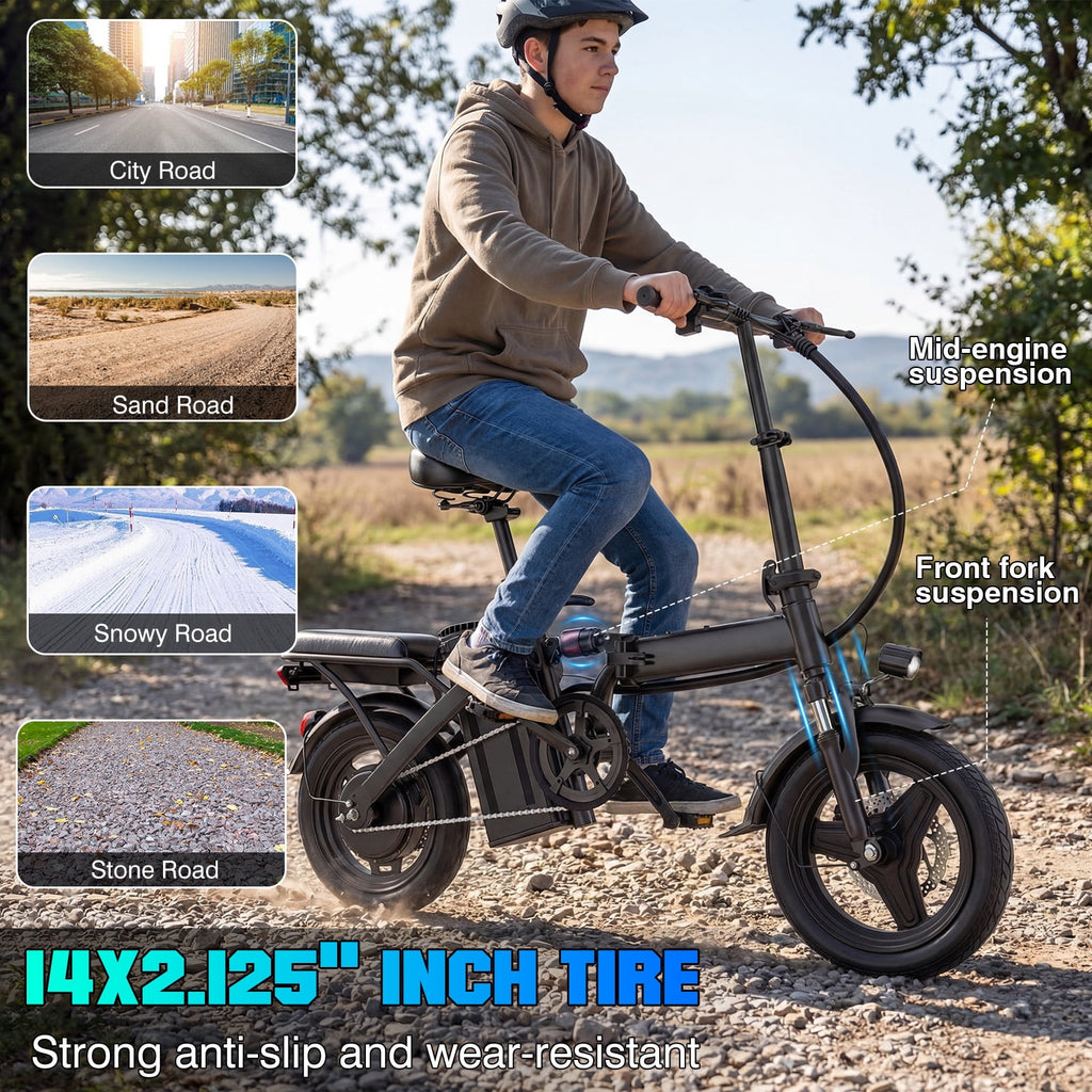 14 Inch Folding Electric Bicycle, 400W Adult Electric Bicycle, 48V 10.4Ah,Top Speed 19.9 Mph, Dual Disc Brake Safety System, 3-Speed Riding, Front Fork With Shock Absorption, Black