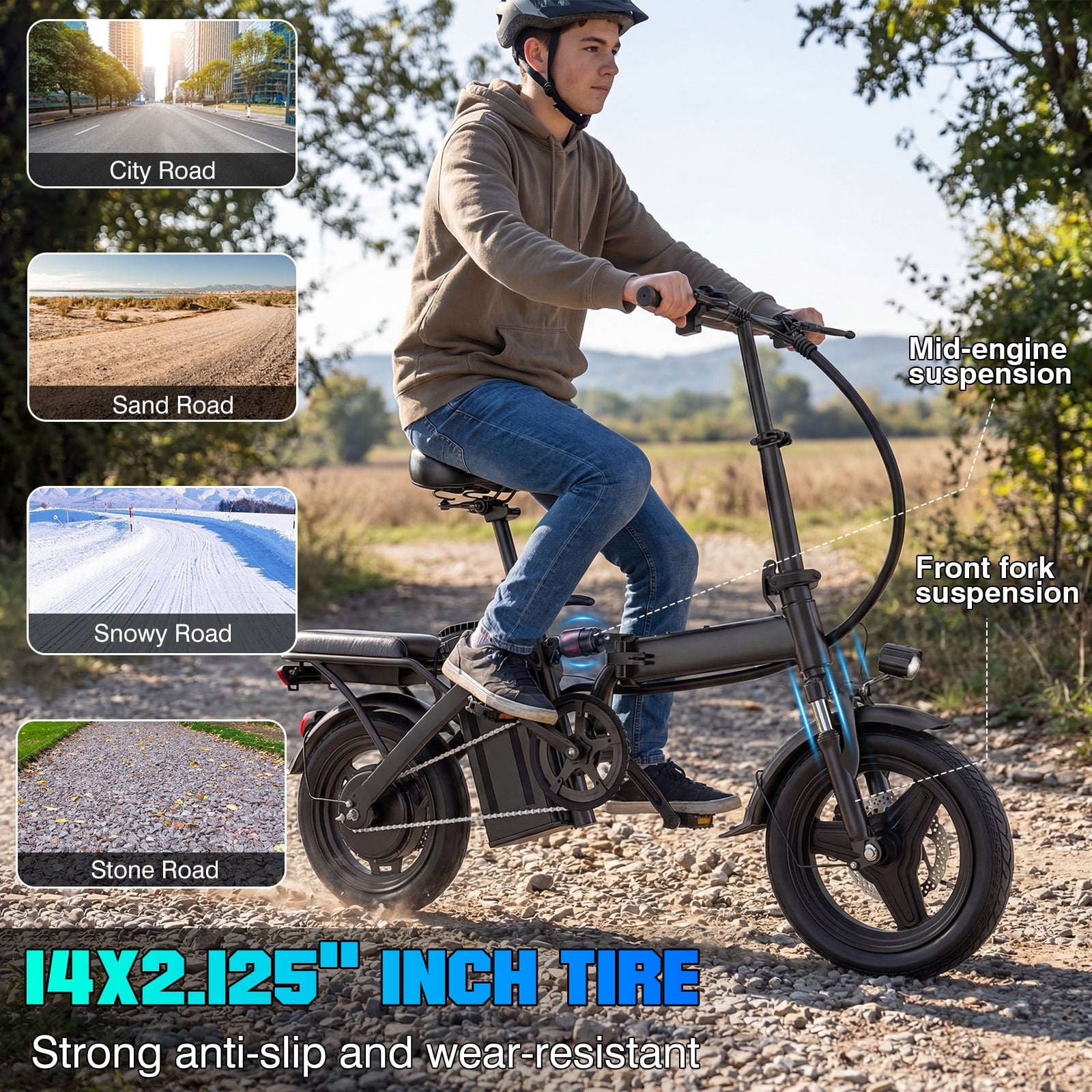 14 Inch Folding Electric Bicycle, 400W Adult Electric Bicycle, 48V 10.4Ah,Top Speed 19.9 Mph, Dual Disc Brake Safety System, 3-Speed Riding, Front Fork With Shock Absorption, Black