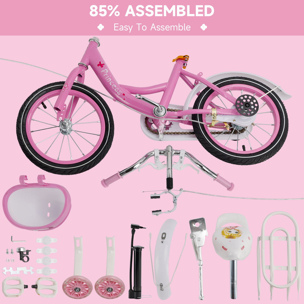 16 18 Inch Girls Bike for Toddlers and Kids Ages 4-9 Years Old, Kids Bike with Flashing Training Wheels & Basket, Girls Bicycle with Handbrake & Kickstand, Pink/Purple