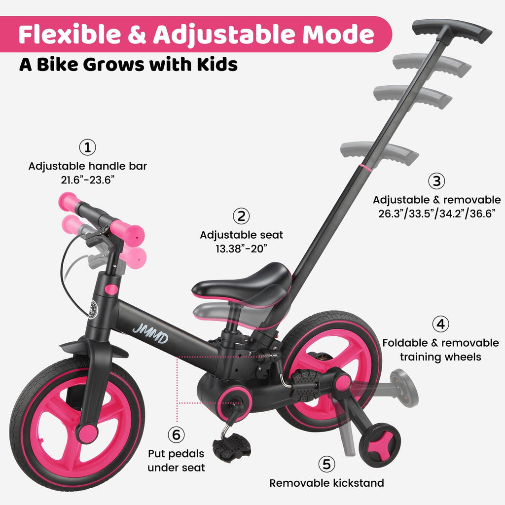 JMMD Toddler Bike with Push Handle for Kid 18-60 Months, 6 in 1 Foldable Tricycle with Training Wheel, Pedals, Kid Balance Bike for Boy & Girl, Black