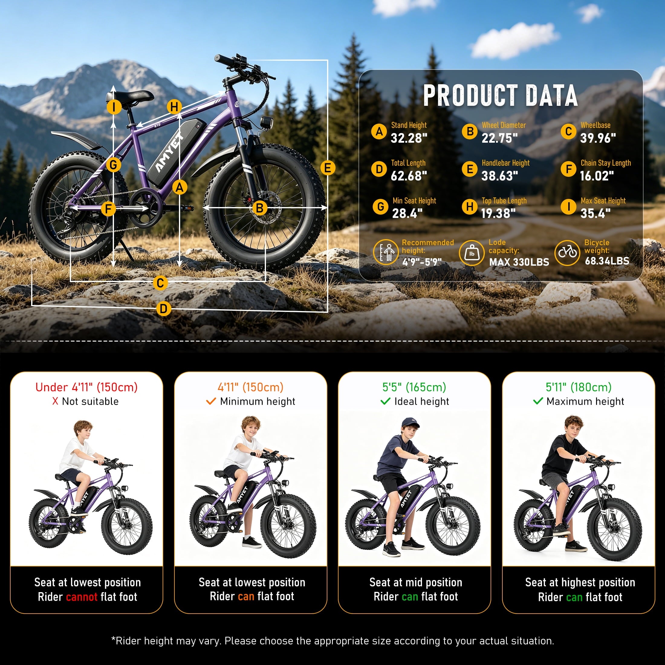 AMYET 1000W Electric Bike, 20 Fat Tire Ebike 28MPH 48V 15Ah E-Mountain Bicycles UL2849 Black