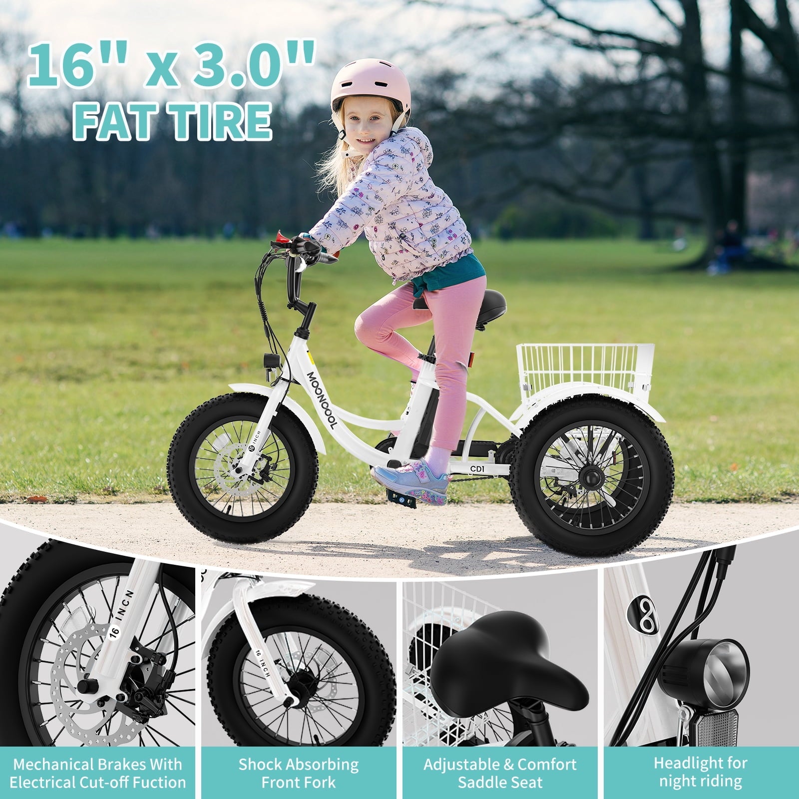 MOONCOOL Electric Tricycle for Kids ,16x3 3 Wheel 250W 10.4Ah Etrike W/ LED headlight & Rear Basket & horn bell & DIY stickers，6/9/12.5 MPH