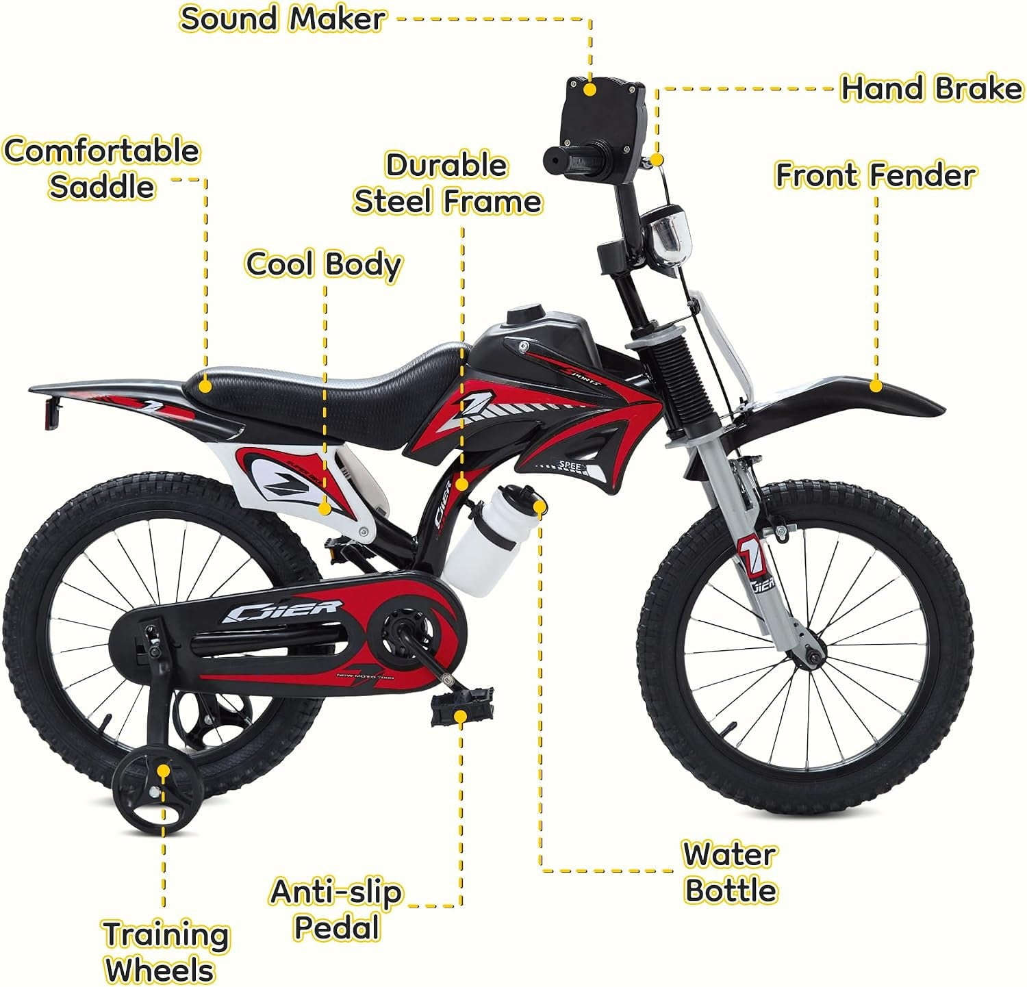 NEORIVER 12 Inch Motocross Style Kids Bike – Training Wheels, Sound Horn, Number Plate & Dashboard Included – Easy Assembly – Ages 3-12 Boys Girls