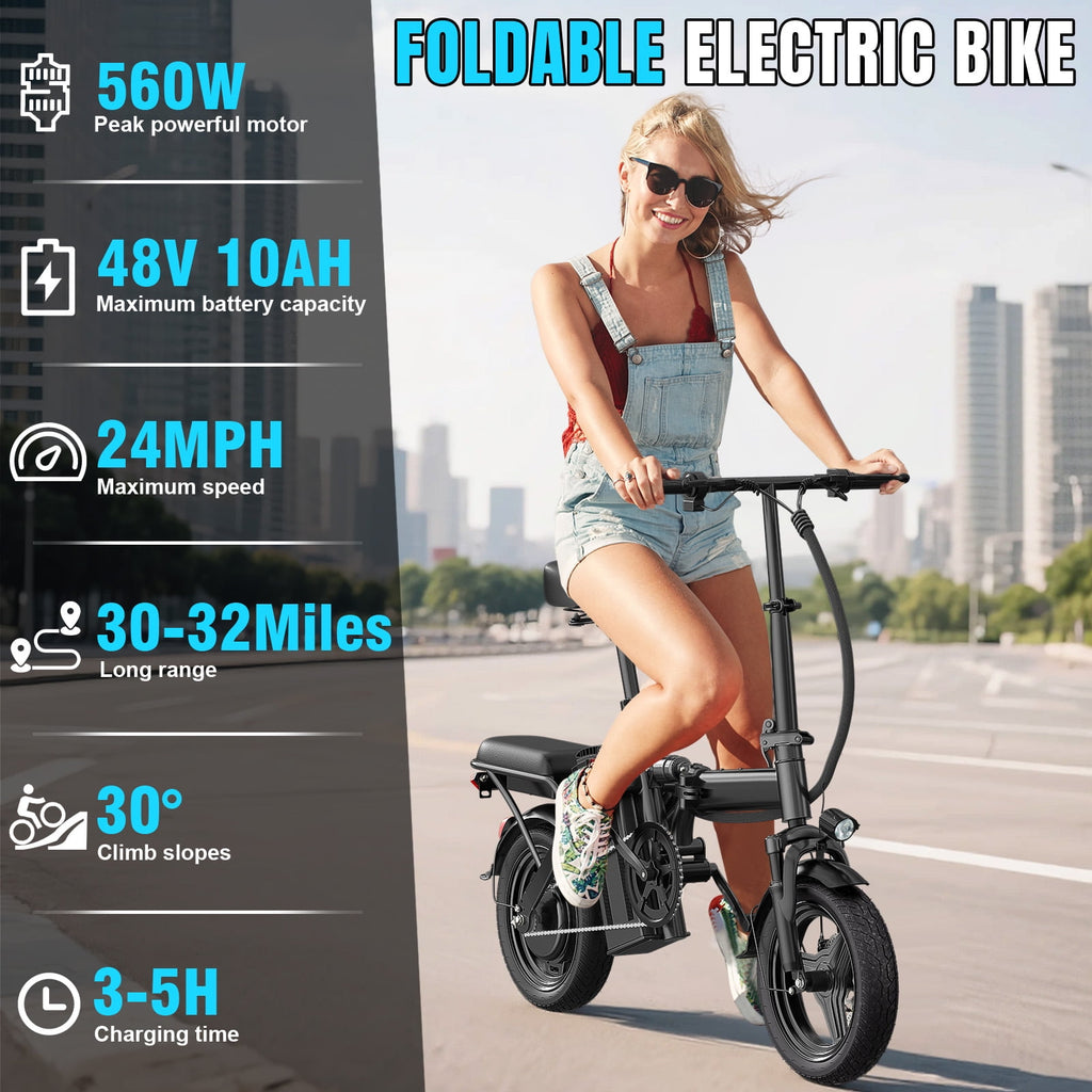 14 Inch Folding Electric Bicycle, 400W Adult Electric Bicycle, 48V 10.4Ah,Top Speed 19.9 Mph, Dual Disc Brake Safety System, 3-Speed Riding, Front Fork With Shock Absorption, Black
