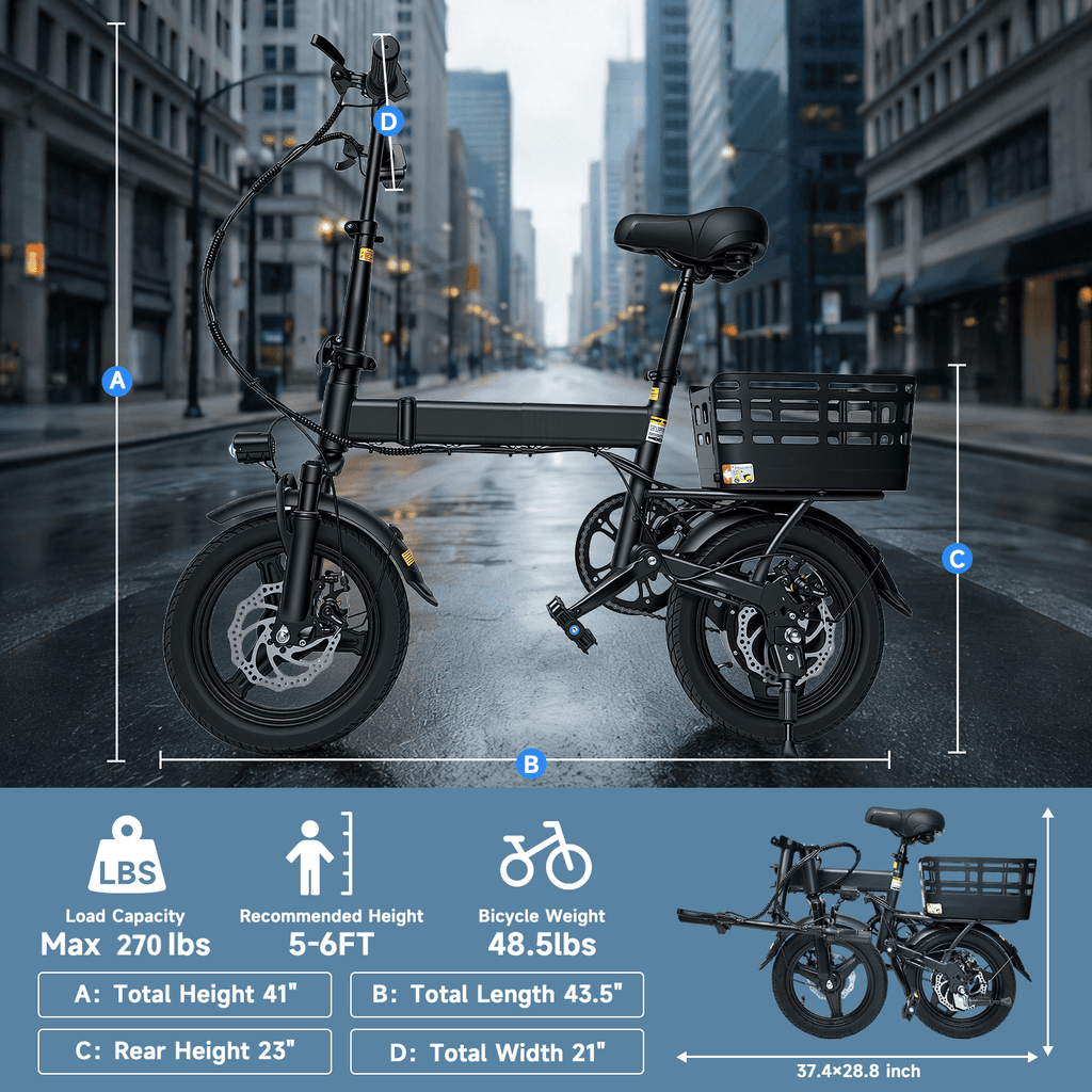 OwnGold 14IN Folding Electric Bicycles for Adults Teens with Basket,500W Peak Motor Up to 20 mph Range 30 Miles,36V 12Ah Removable Battery,Commuter/Shopping Mini Ebike,UL 2849