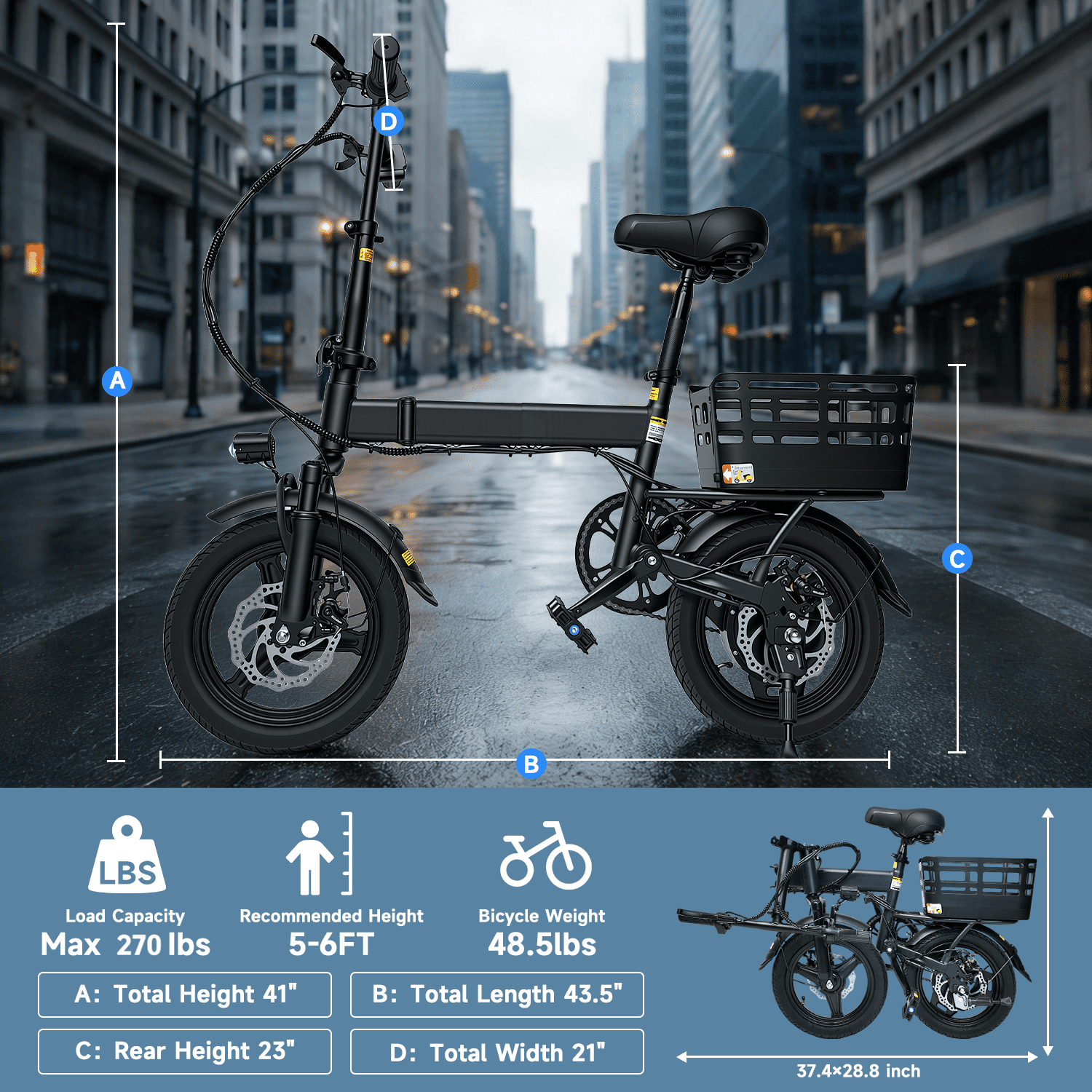 OwnGold 14IN Folding Electric Bicycles for Adults Teens with Basket,500W Peak Motor Up to 20 mph Range 30 Miles,36V 12Ah Removable Battery,Commuter/Shopping Mini Ebike,UL 2849
