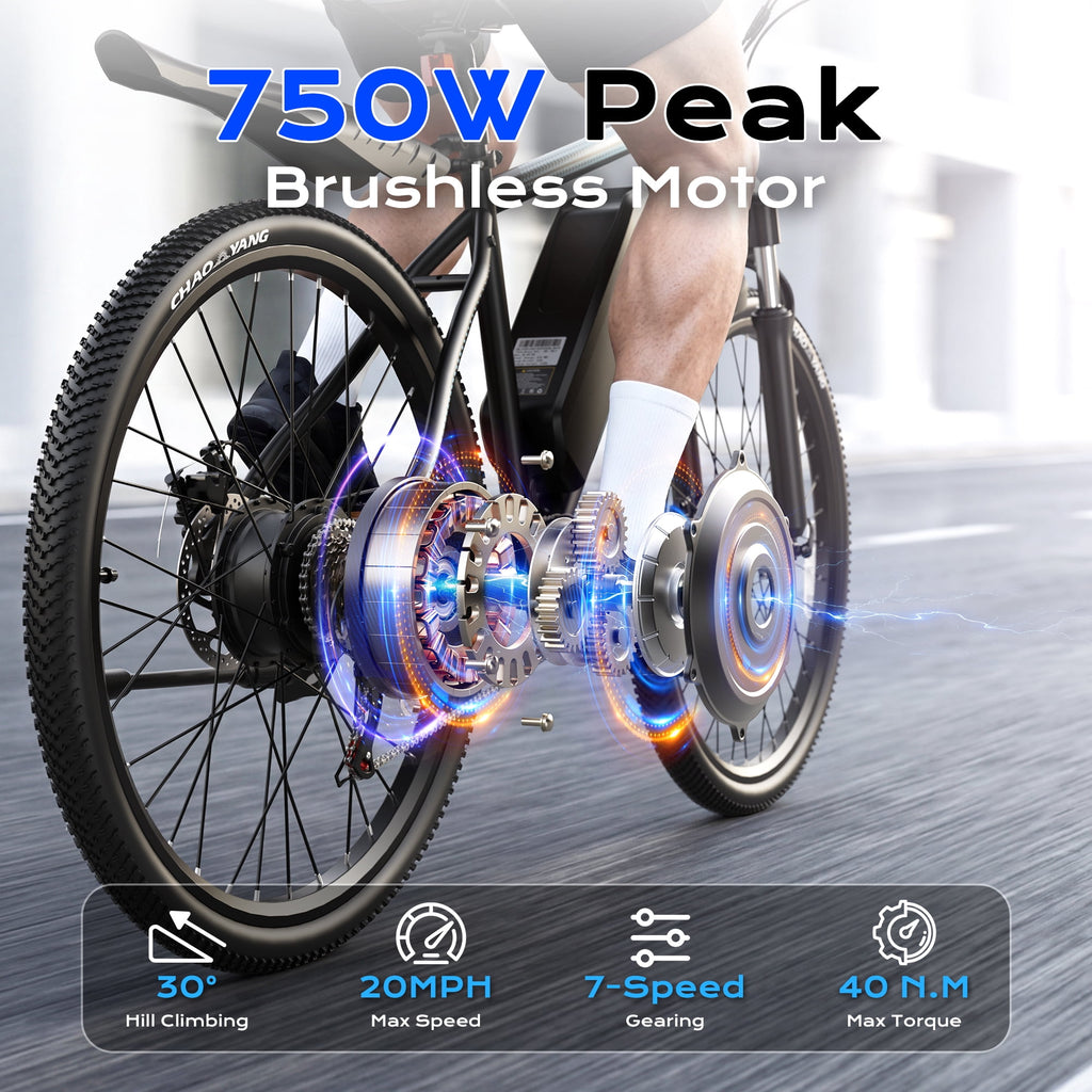 VIPDRIVE Electric Bike for Adults, 26'' 750W Peak Ebike, 48V 7.8AH Removable Battery，Up to 40 Miles 20MPH Electric Mountain Bike，Front Fork Suspension，UL2849
