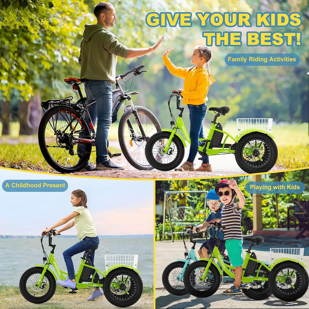 MOONCOOL Electric Tricycle for Kids ,16x3 3 Wheel 250W 10.4Ah Etrike W/ LED headlight & Rear Basket & horn bell & DIY stickers，6/9/12.5 MPH