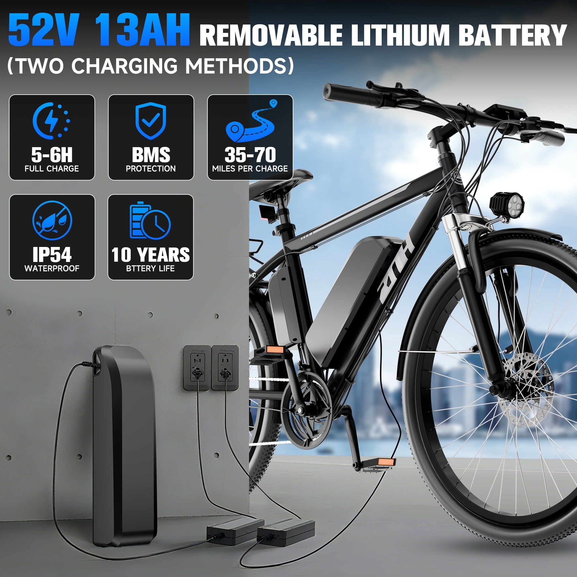 ZNH 1000w Peak Electric Bike for Adults – Electric Mountain Bike w 52V 13Ah Removable Battery ,26 off-road Ebike, Shimano 21-Speed, UL 2849，Black