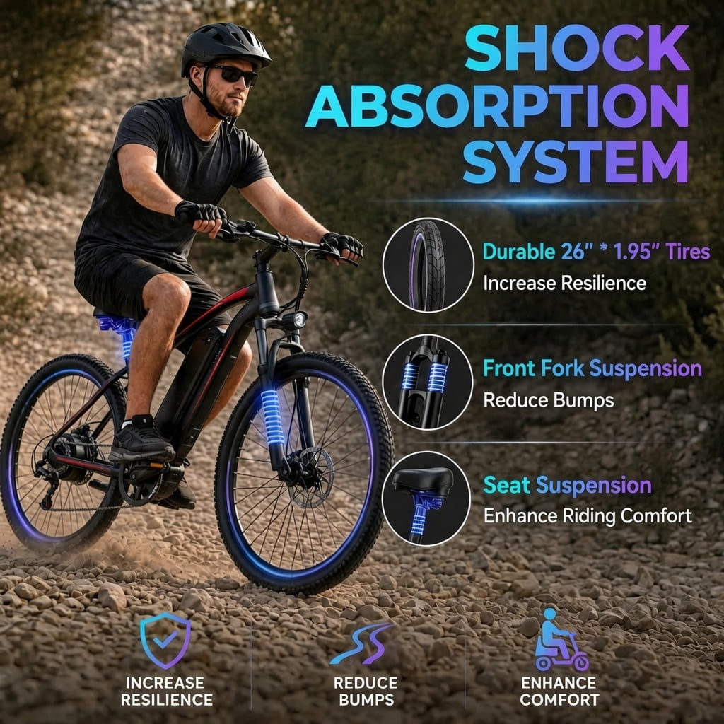26’’ Electric Mountain Bike for Adults, 500W Peak Motor, 36V 12Ah Removable Waterproof Battery, 20 MPH, 30 Miles Range, 7-Speed Suitable for Mountain, Commuting, Shopping, or Trip, UL 2849