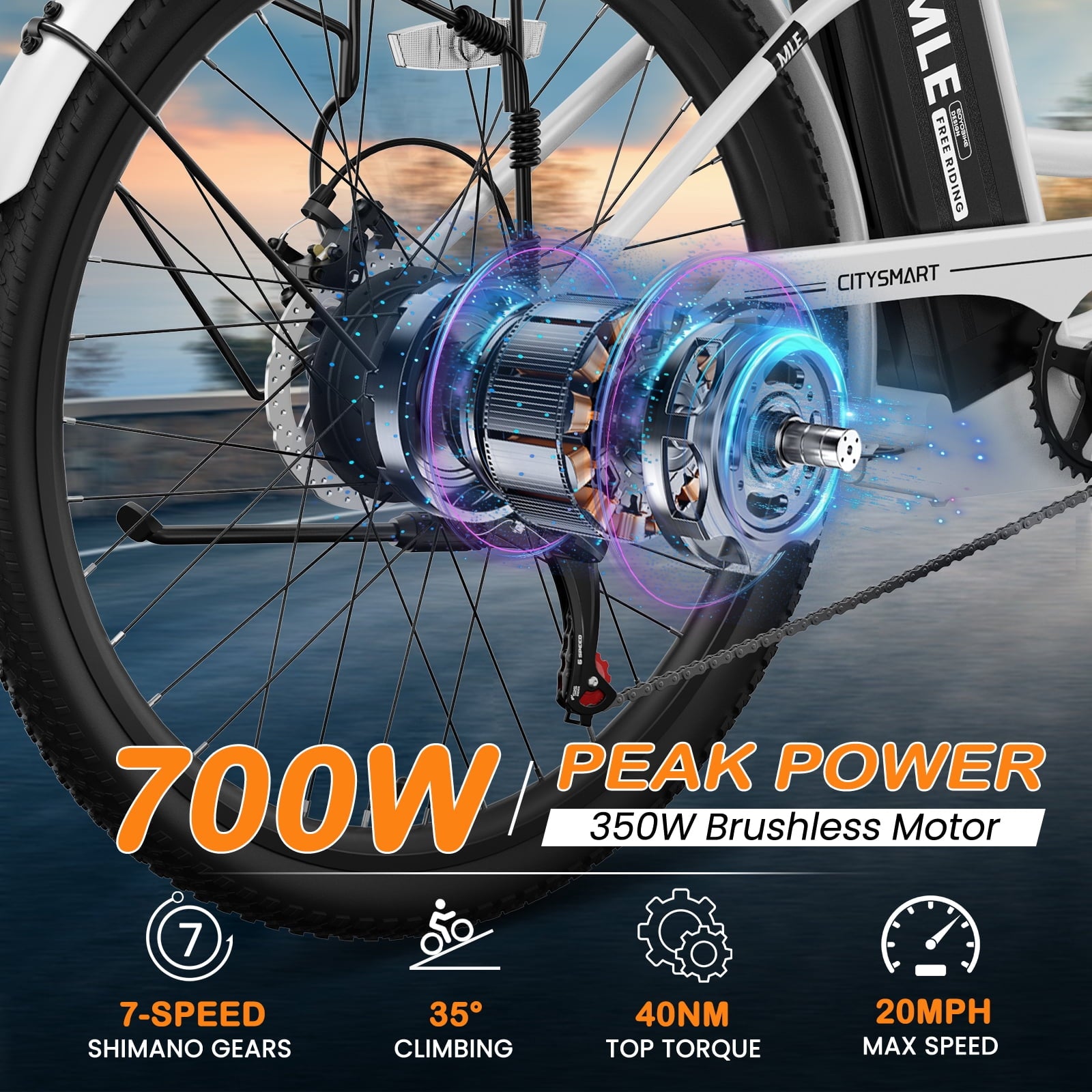 MOONCOOL Electric Bicycle for Adults 350W , 7-Speed Ebike with 36V 10.4Ah Removable Battery， 40 Miles Range , 20 mph Electric Commuter Bike for Women Men