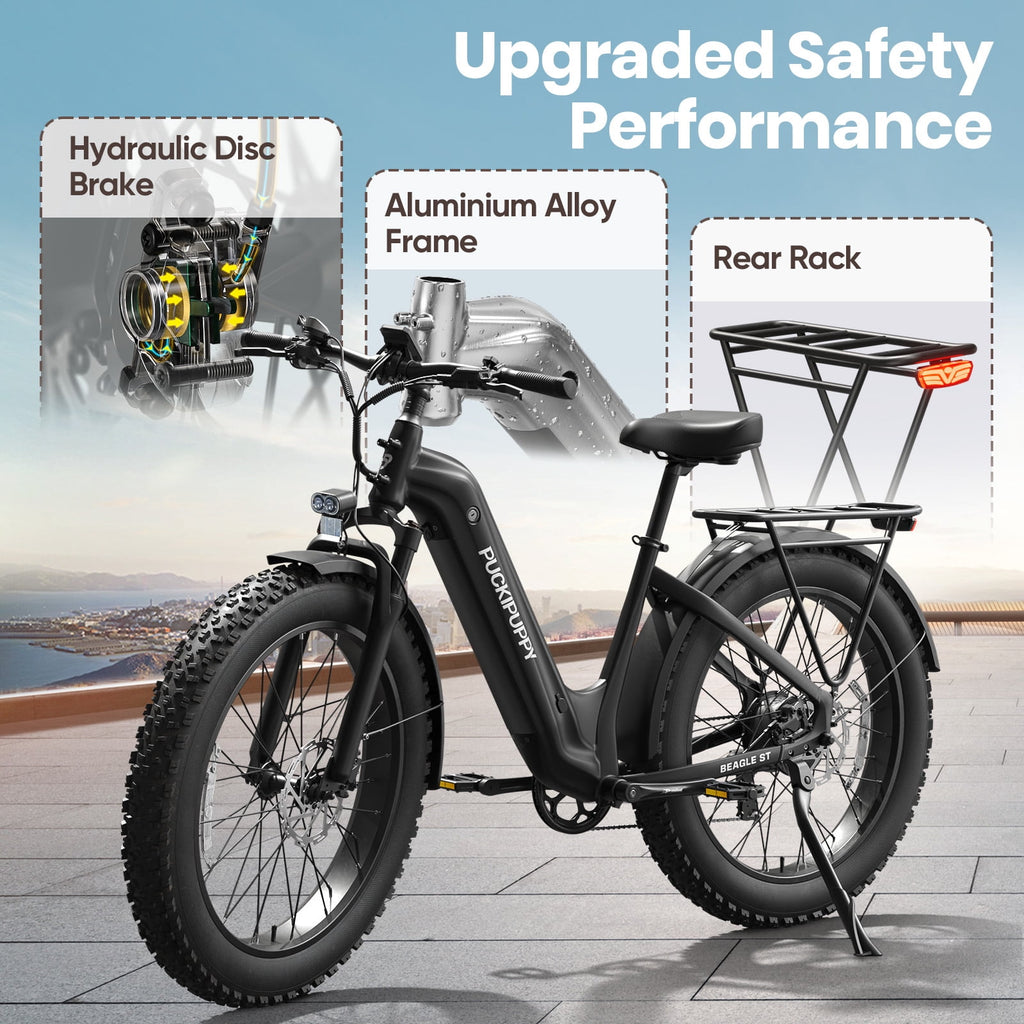 PUCKIPUPPY 960W Peak Electric Bike for Adults Step Through E-Bike 28mph Max Speed 60Miles Range 26 Fat Tire Electric Mountain Bike 48V 15AH Battery 7 Speed off-Road Ebike, Comply with UL2849 By SGS