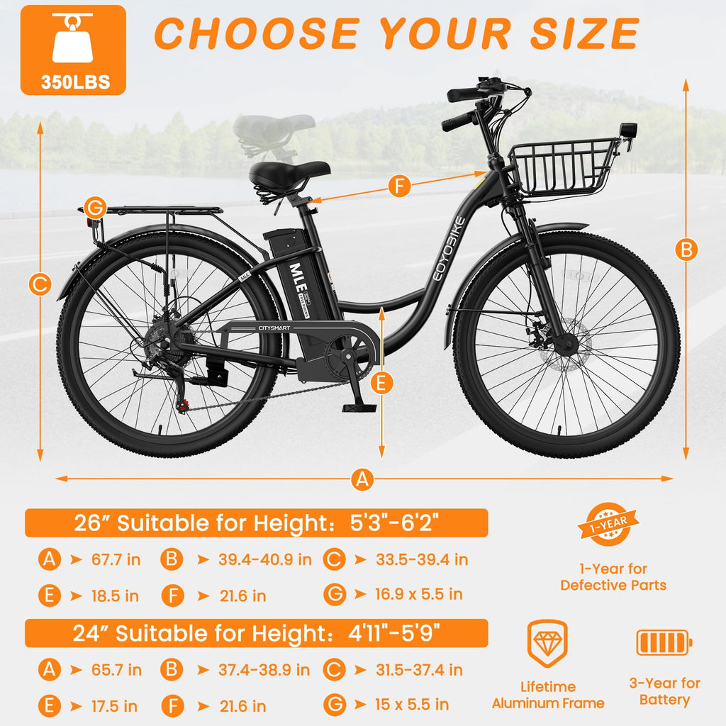 MOONCOOL Electric Bicycle for Adults 350W , 7-Speed Ebike with 36V 10.4Ah Removable Battery， 40 Miles Range , 20 mph Electric Commuter Bike for Women Men