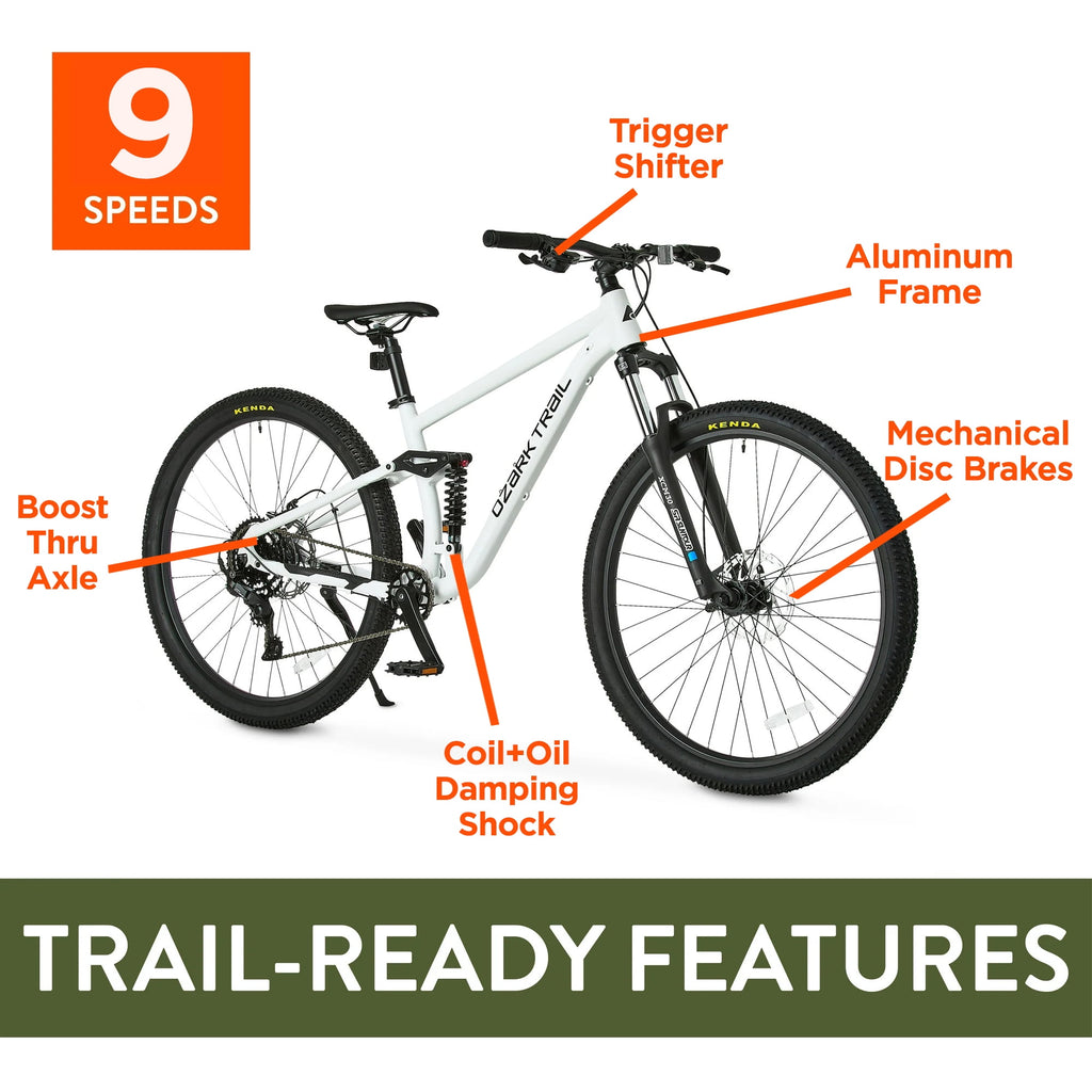 Ozark Trail 29 FS.2 Slalom Full Suspension Mountain Bike, 29 Wheels, Medium Frame, Fits Riders 5'6 - 5'9, Off-White, Adult