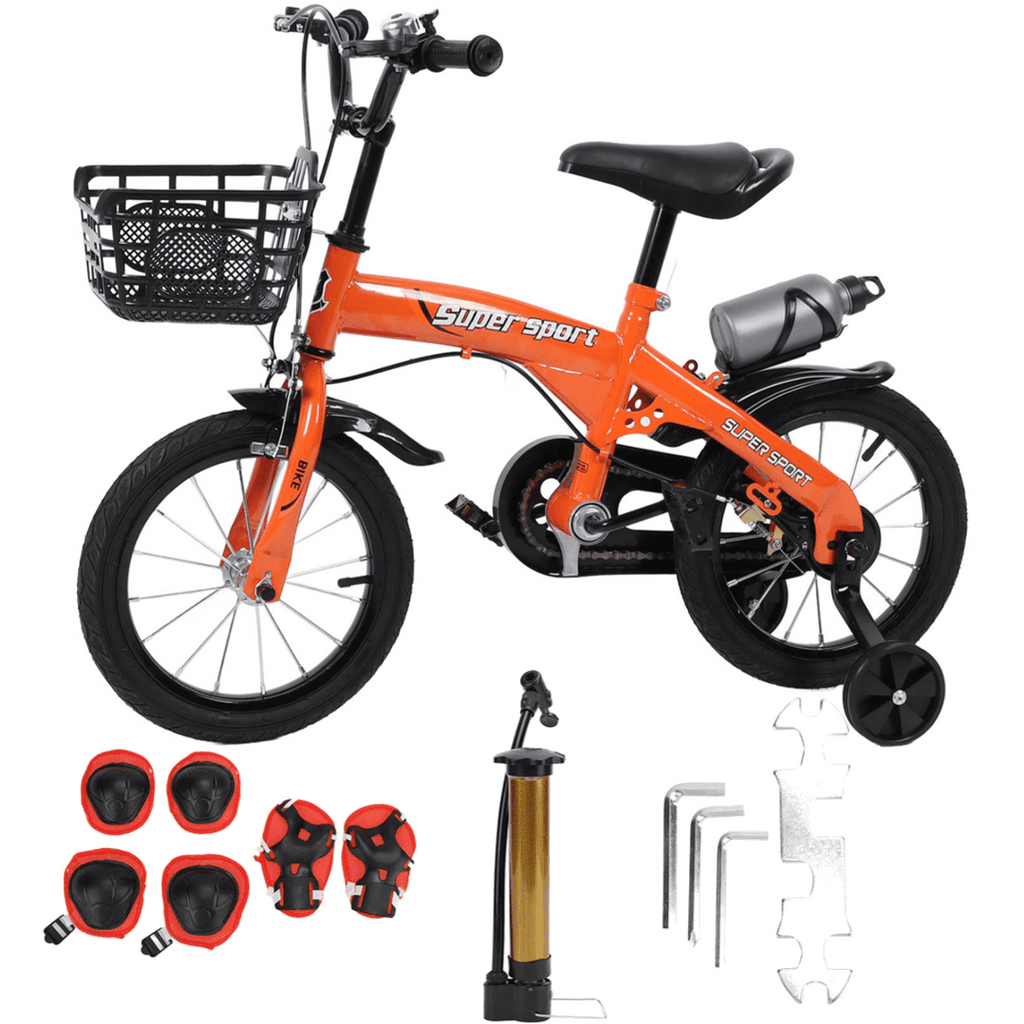 16 Kids Bike with Training Wheels, Height Adjustable Kid's Bicycle with Basket/Water Bottle/Inflator/Bell, Gifts for Girls Boys Toddlers Kids 3-8 YO