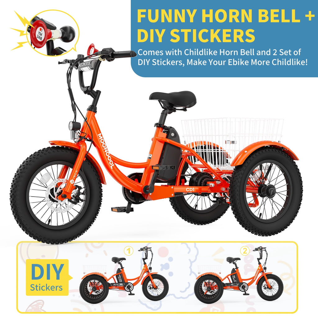 MOONCOOL Electric Tricycle for Kids ,16x3 3 Wheel 250W 10.4Ah Etrike W/ LED headlight & Rear Basket & horn bell & DIY stickers，6/9/12.5 MPH