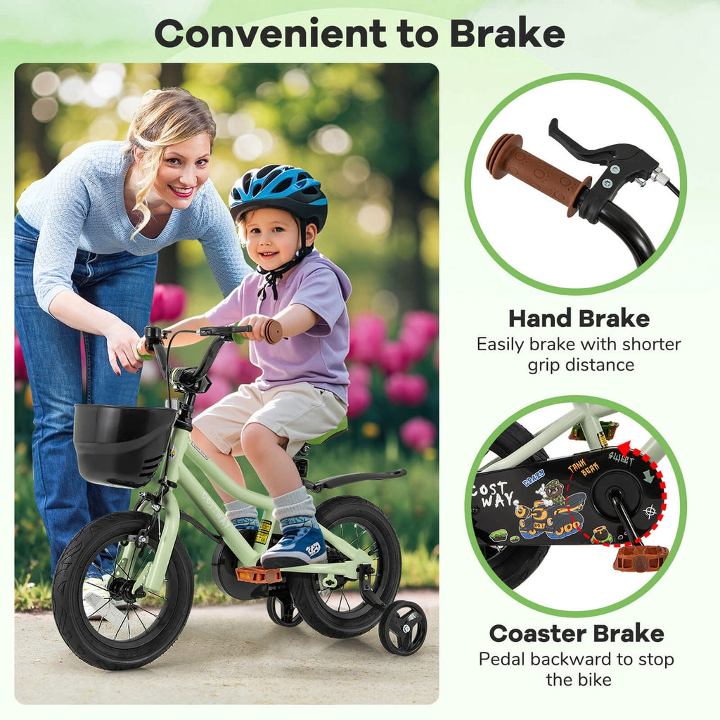 Costway 12 Kid’s Bike with Training Wheels Adjustable Handlebar & Seat Handbrake Green