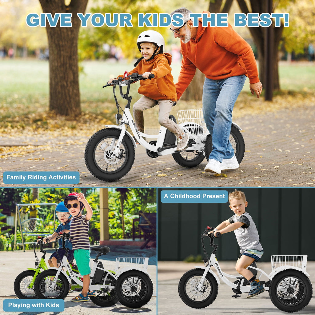 MOONCOOL Electric Tricycle for Kids ,16x3 3 Wheel 250W 10.4Ah Etrike W/ LED headlight & Rear Basket & horn bell & DIY stickers，6/9/12.5 MPH