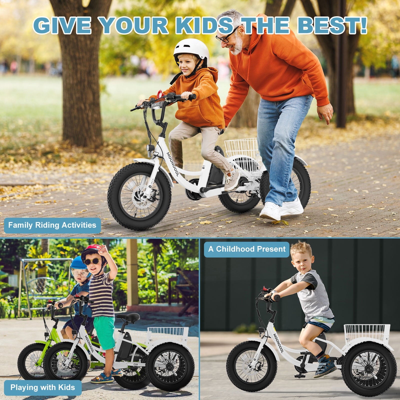 MOONCOOL Electric Tricycle for Kids ,16x3 3 Wheel 250W 10.4Ah Etrike W/ LED headlight & Rear Basket & horn bell & DIY stickers，6/9/12.5 MPH