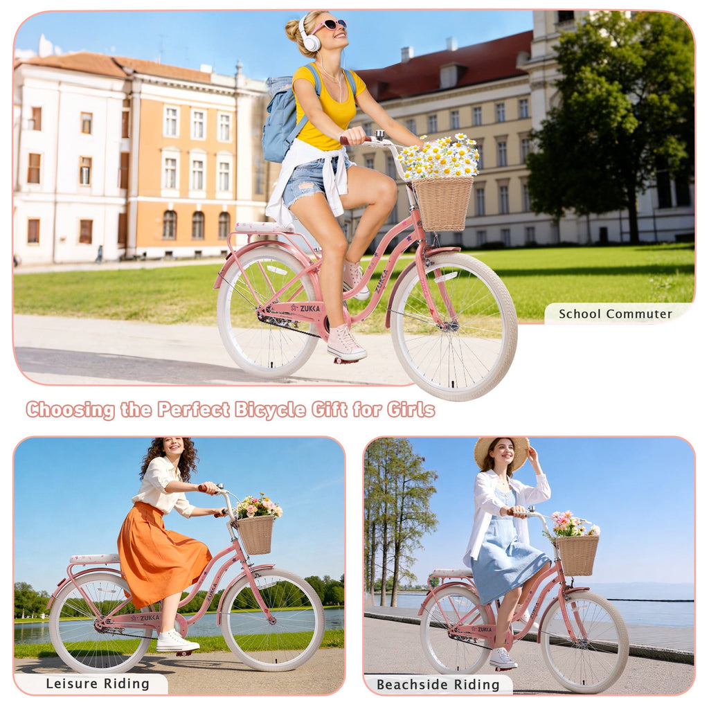 Dolonm 20 Kids Bike for Ages 7-10, Lightweight High-Carbon Steel Frame Cruiser Bicycle, Girls Bike with Wicker Basket, Rear Seat Rack, No Training Wheels, Pink