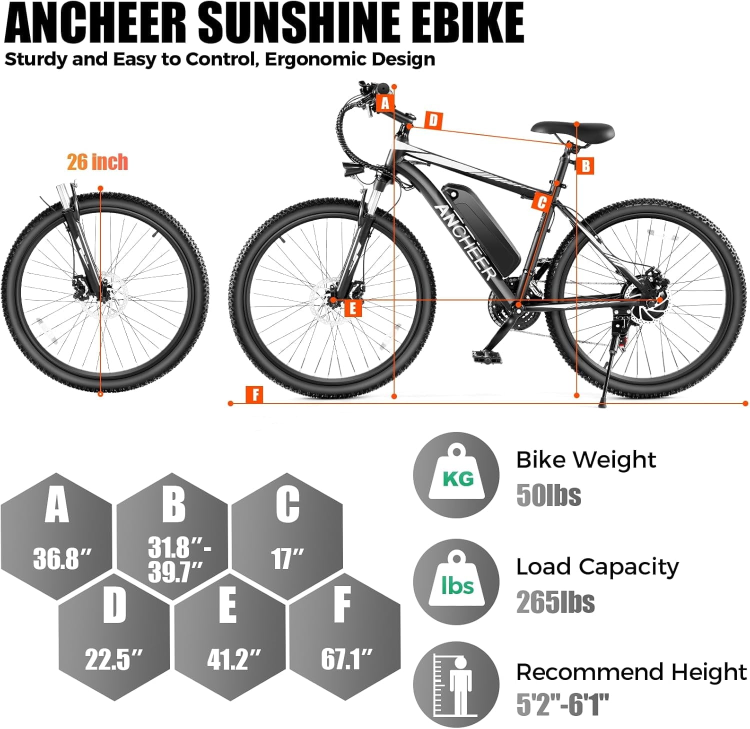 ANCHEER Electric Bike ,26 Electric Bike for Adults Electric Bicycles, 500W Electric Mountain Bike, 48V Commuter Ebike 48V Battery Ebike UL 2849, Lockable Suspension Fork, Shimano 21 Speed