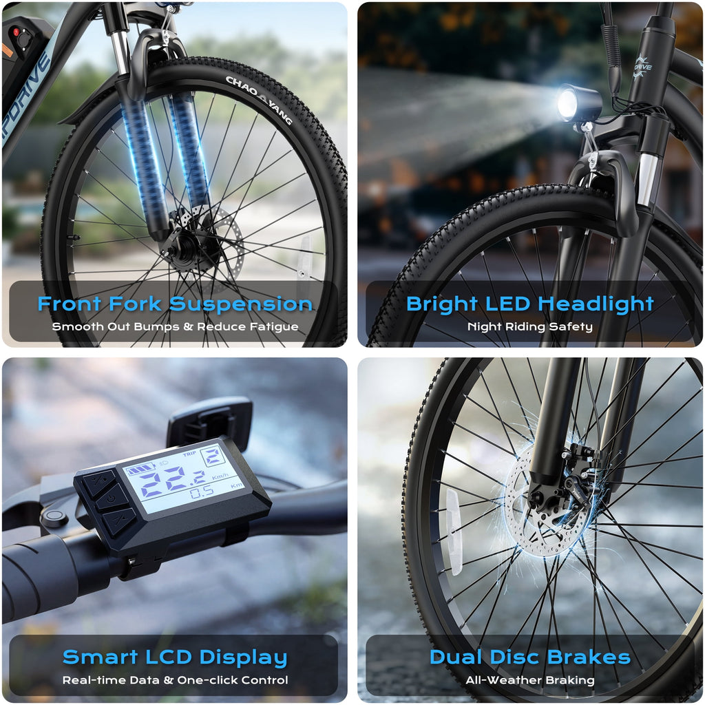 VIPDRIVE Electric Bike for Adults, 26'' 750W Peak Ebike, 48V 7.8AH Removable Battery，Up to 40 Miles 20MPH Electric Mountain Bike，Front Fork Suspension，UL2849
