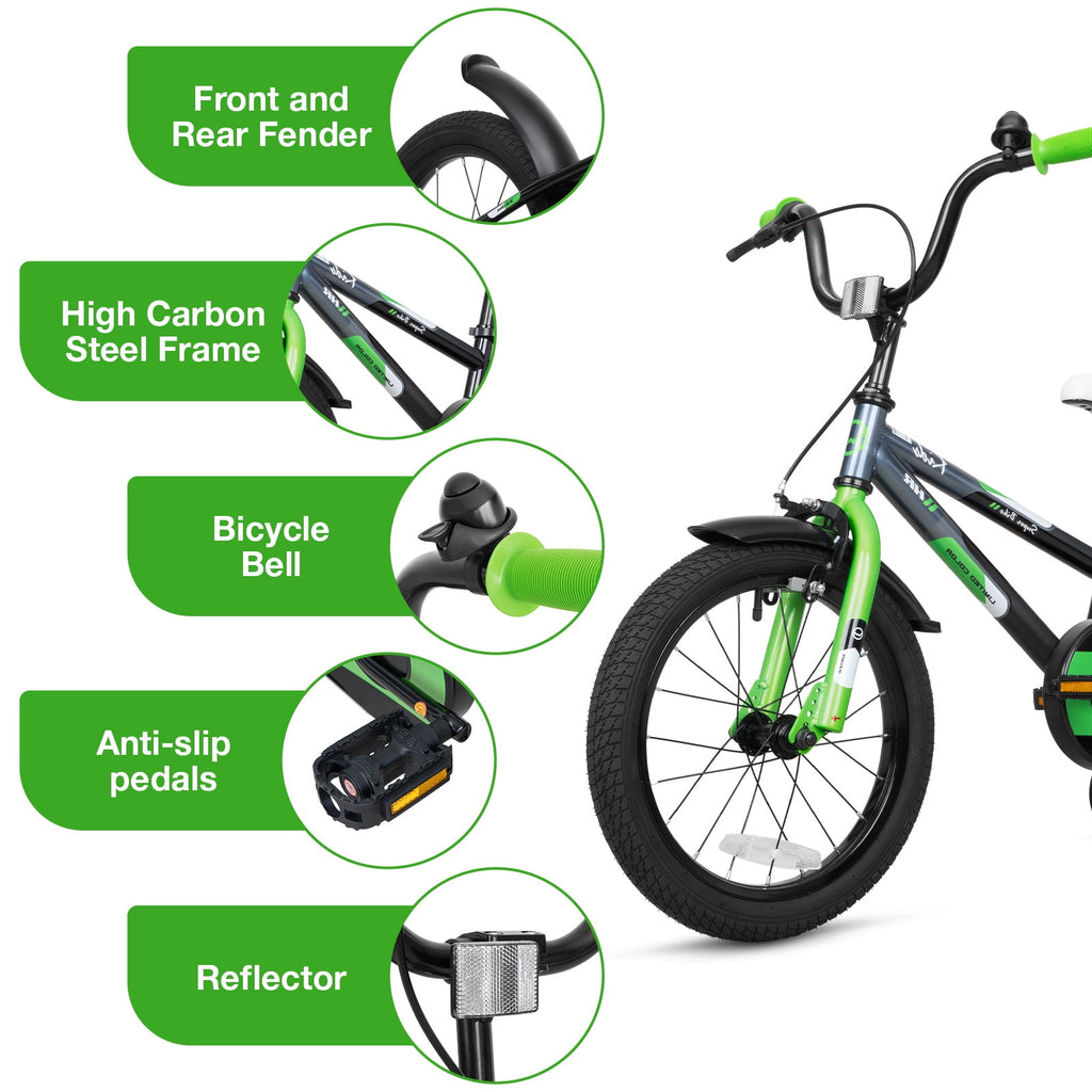 Hykolity Kids Bike, 16 Inch Children Bicycle for Boys & Girls Ages 4-6 Years Old, Rider Height 38-48 Inch, Sport Bike BMX Freestyle Handlebar Black Green