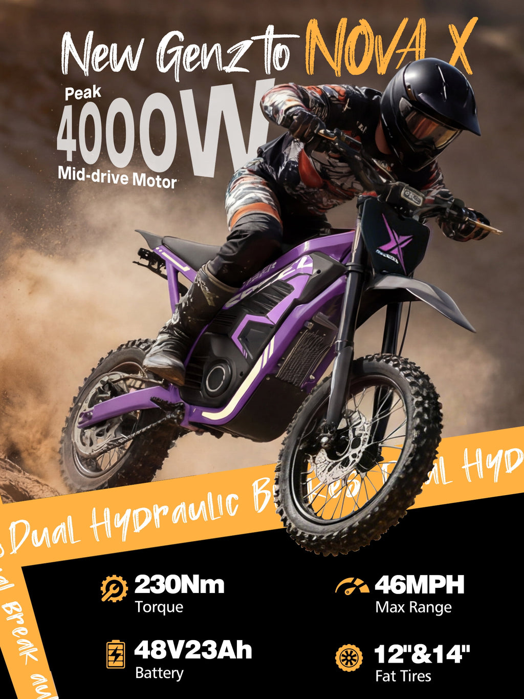ESKUTE NovaX Electric Dirt Bike for Teens & Adults, 4000W Peak Mid-Drive Motor, 35-46 MPH Off-Road E-Bike, 48V 22.8Ah Battery, 14/12 Wheels, Hydraulic Dual Shock Suspension Orange